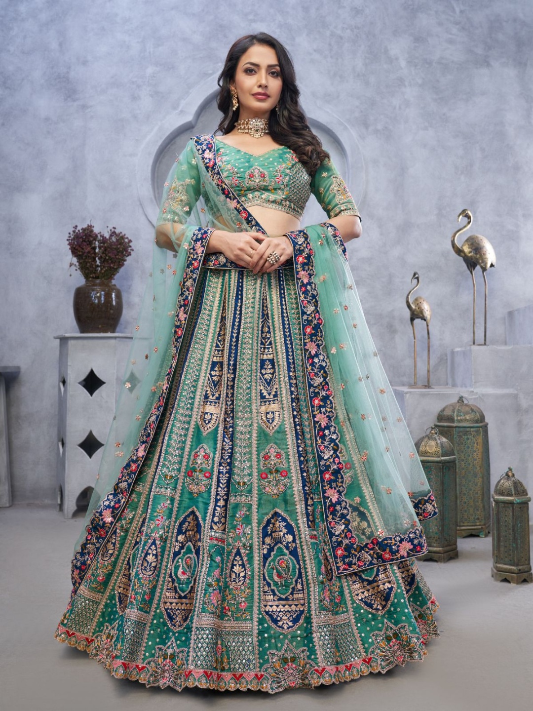 

ODETTE Embellished Sequinned Semi-Stitched Lehenga & Unstitched Blouse With Dupatta, Green