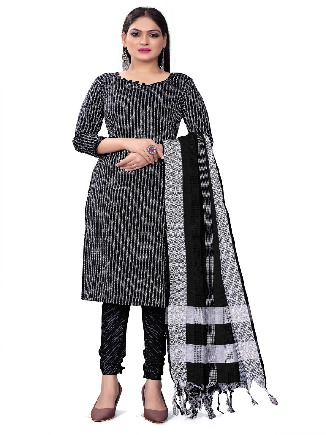 

Aika Striped Pure Cotton Unstitched Dress Material, Black