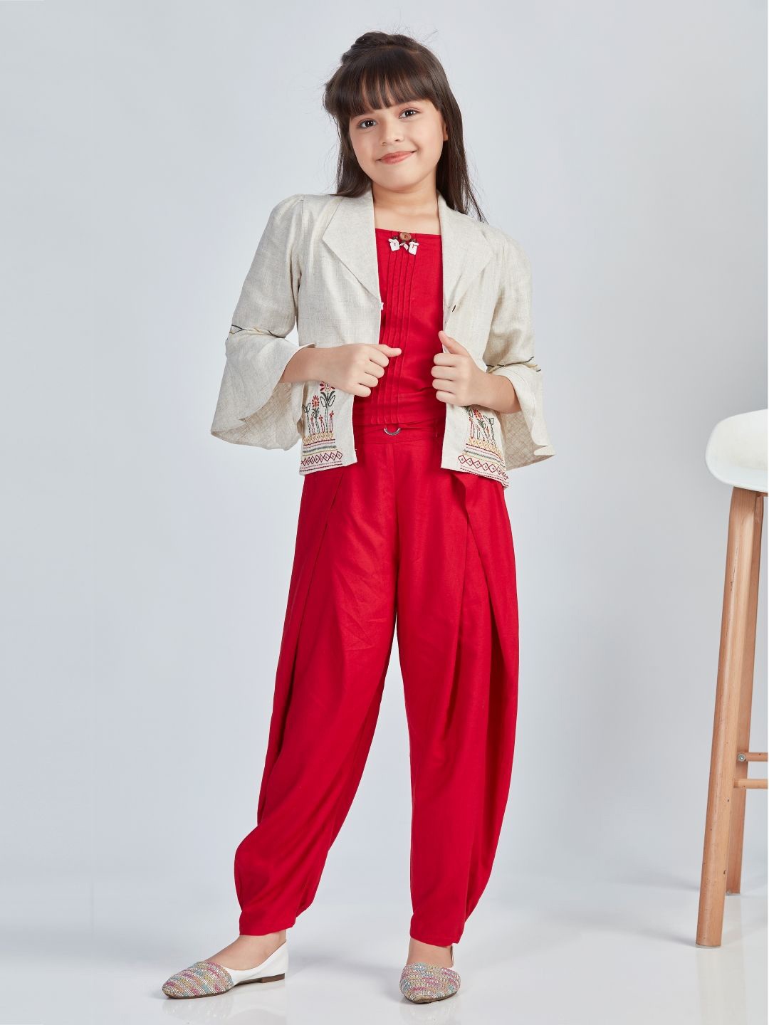 

Peppermint Boho Boutique Girls Pure Cotton Top With Dhoti Pants And Jacket, Maroon