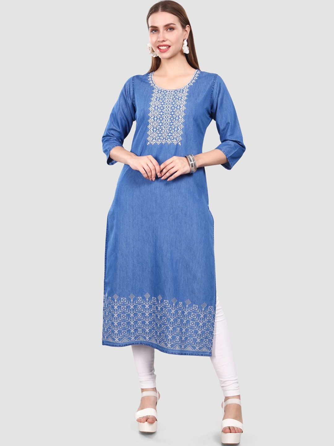 

SK Creation Ethnic Motifs Embroidered Round Neck Denim Straight Kurta, Blue