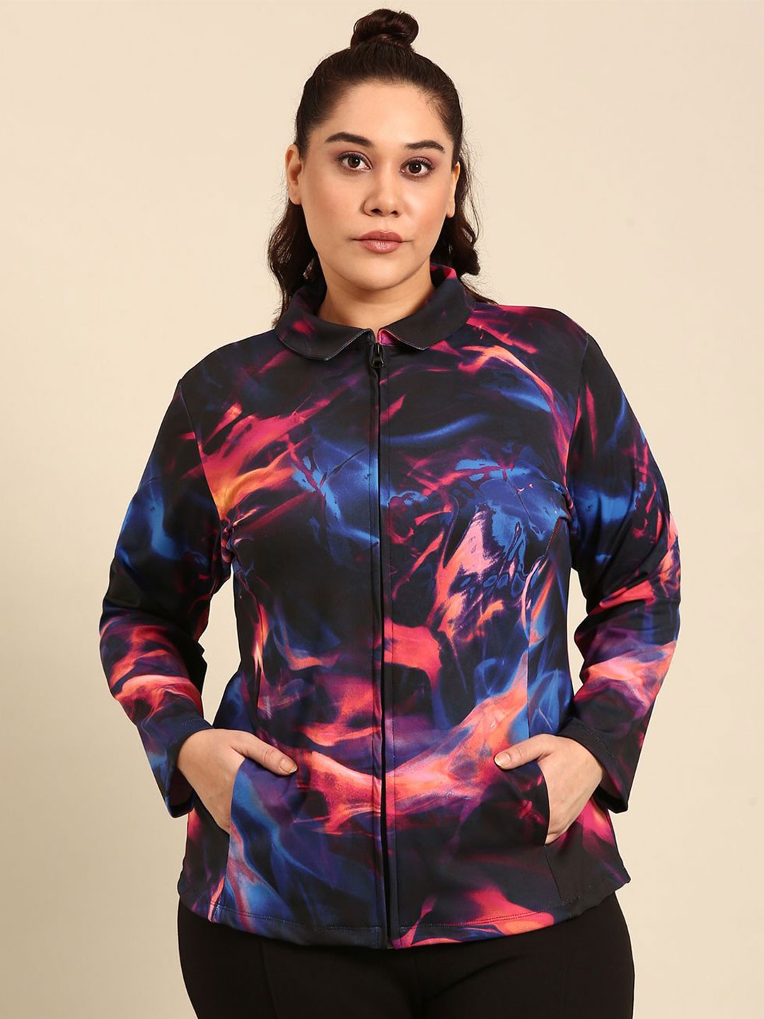 

The Pink Moon Women Plus Size Spread Collar Abstract Printed Sporty Jacket, Black