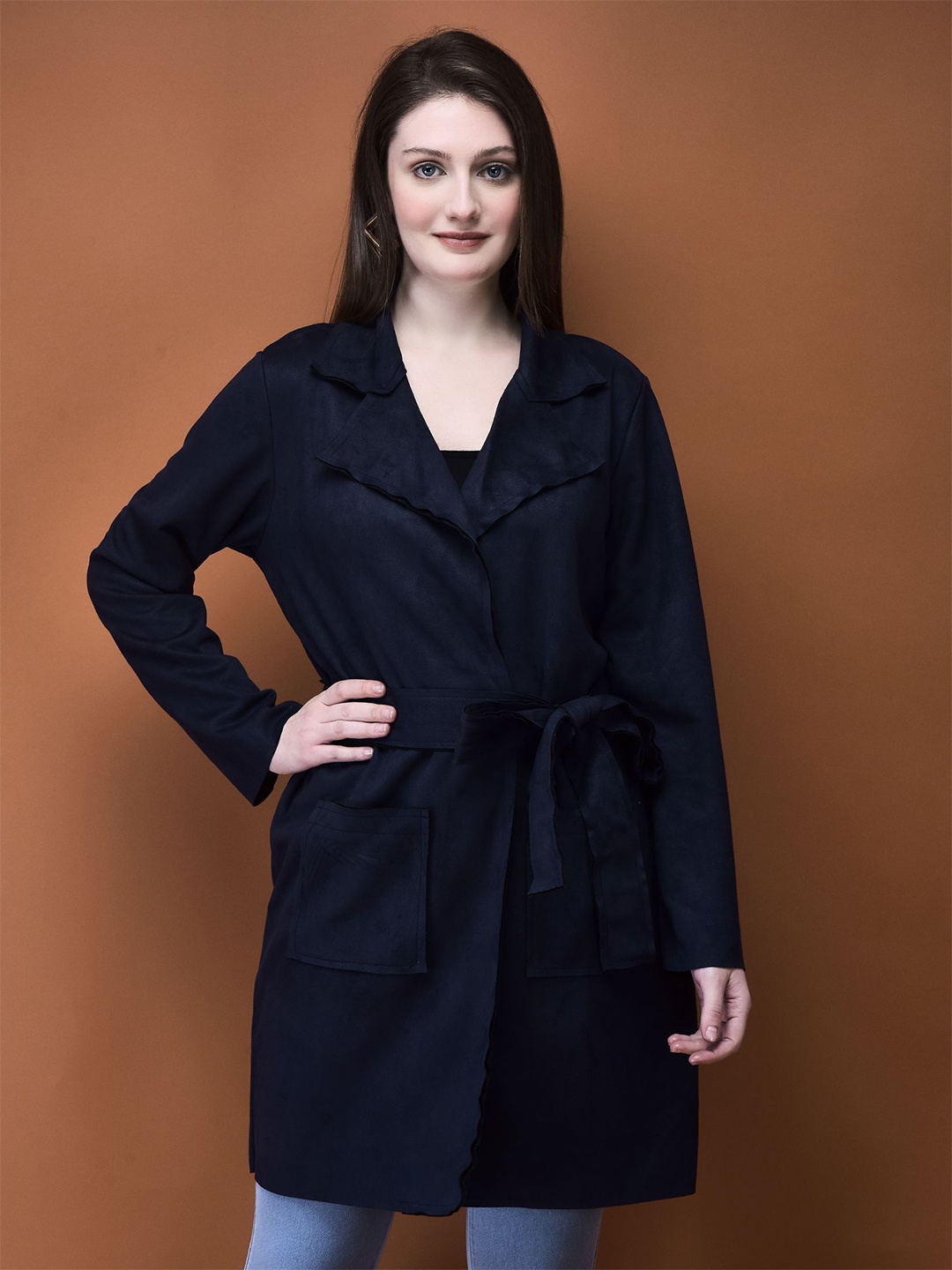 

Shree Women Notched Lapel Collar Regular Fit Tie Up Overcoats, Navy blue