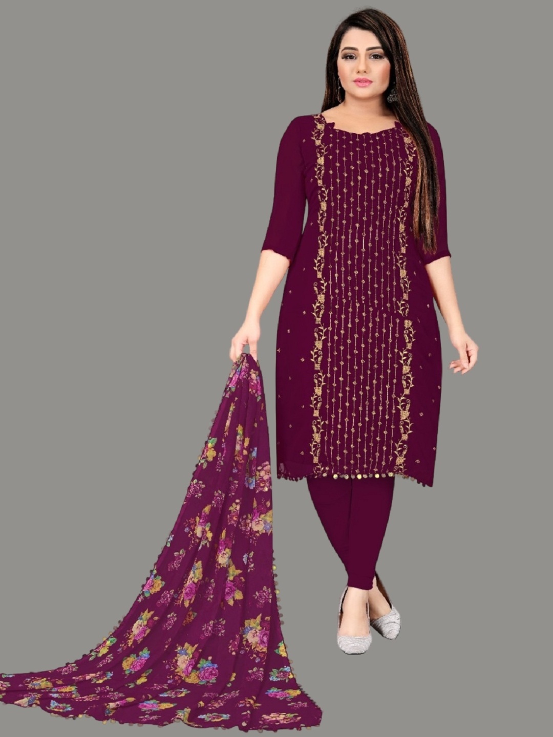 

Aika Floral Embroidered Georgette Unstitched Dress Material, Maroon