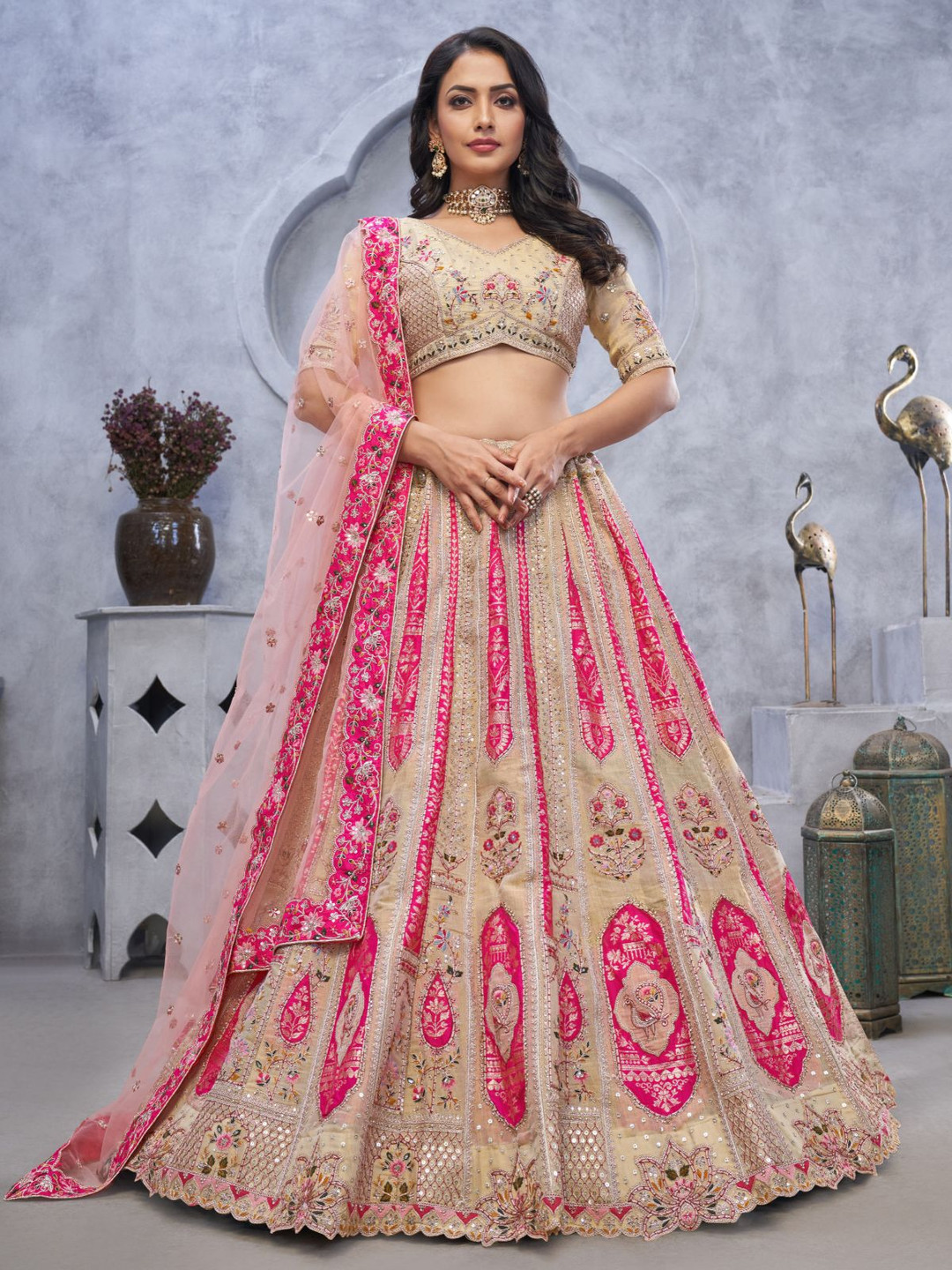 

ODETTE Embellished Sequinned Semi-Stitched Lehenga & Unstitched Blouse With Dupatta, Beige
