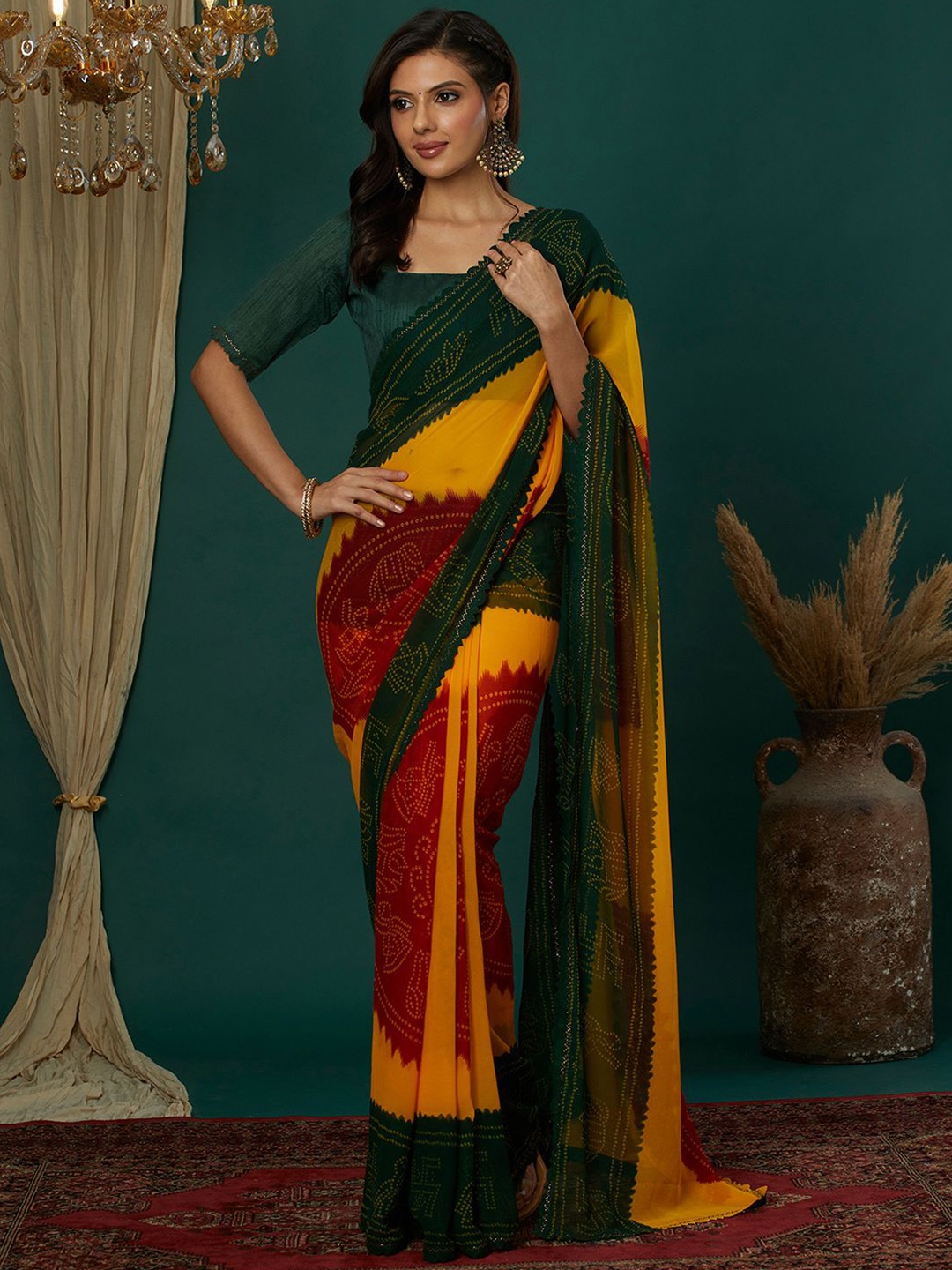 

KALINI Bandhani Pure Georgette Bandhani Saree, Yellow