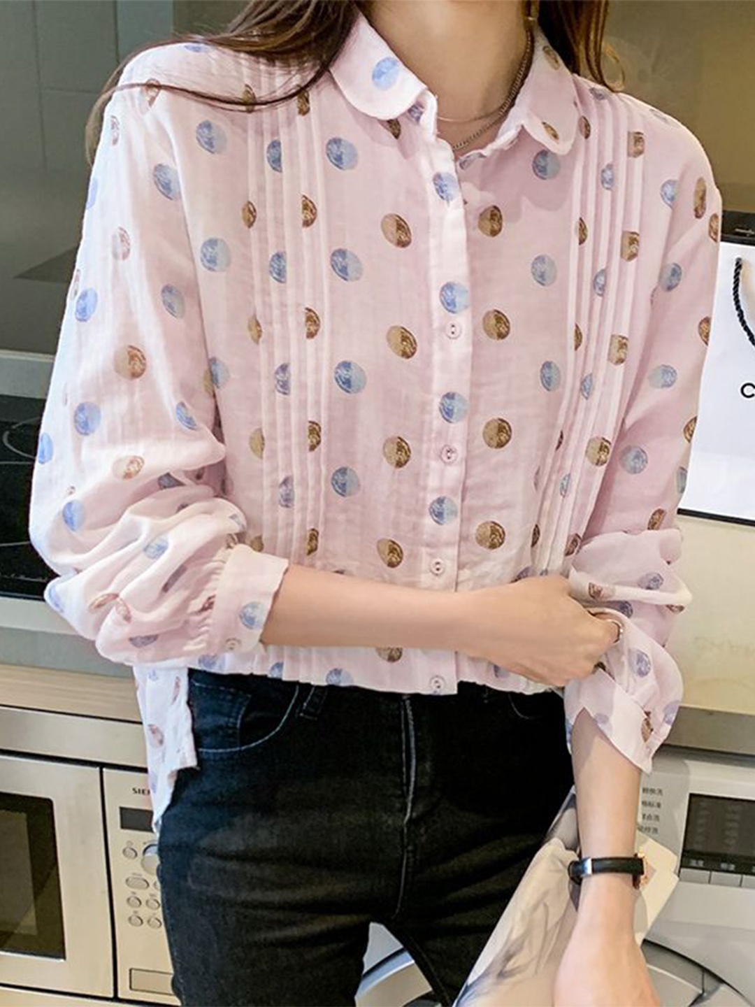 

StyleCast Women Spread Collar Geometric Printed Cotton Casual Shirt, Pink