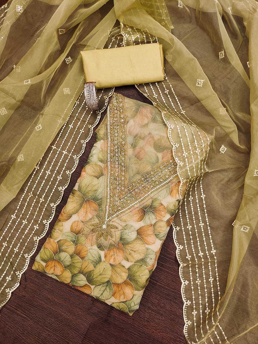 

HERE&NOW Floral Embellished Beads And Stones Organza Unstitched Dress Material, Lime green