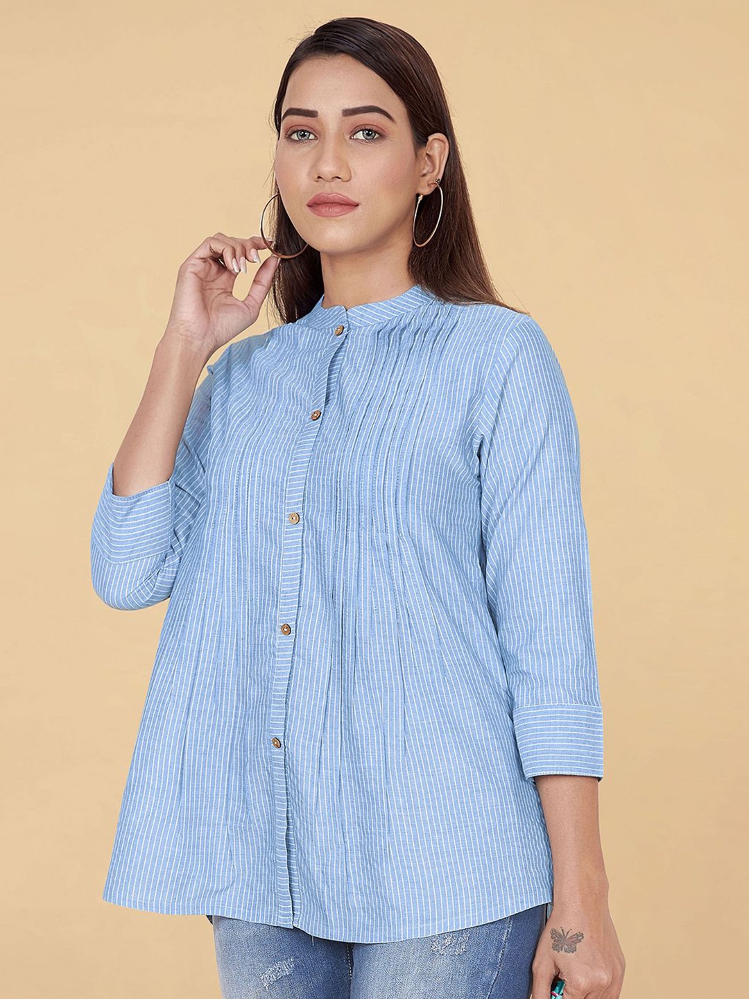 

BAESD Women Striped Mandarin Collar Cotton Shirt Style Top, Blue