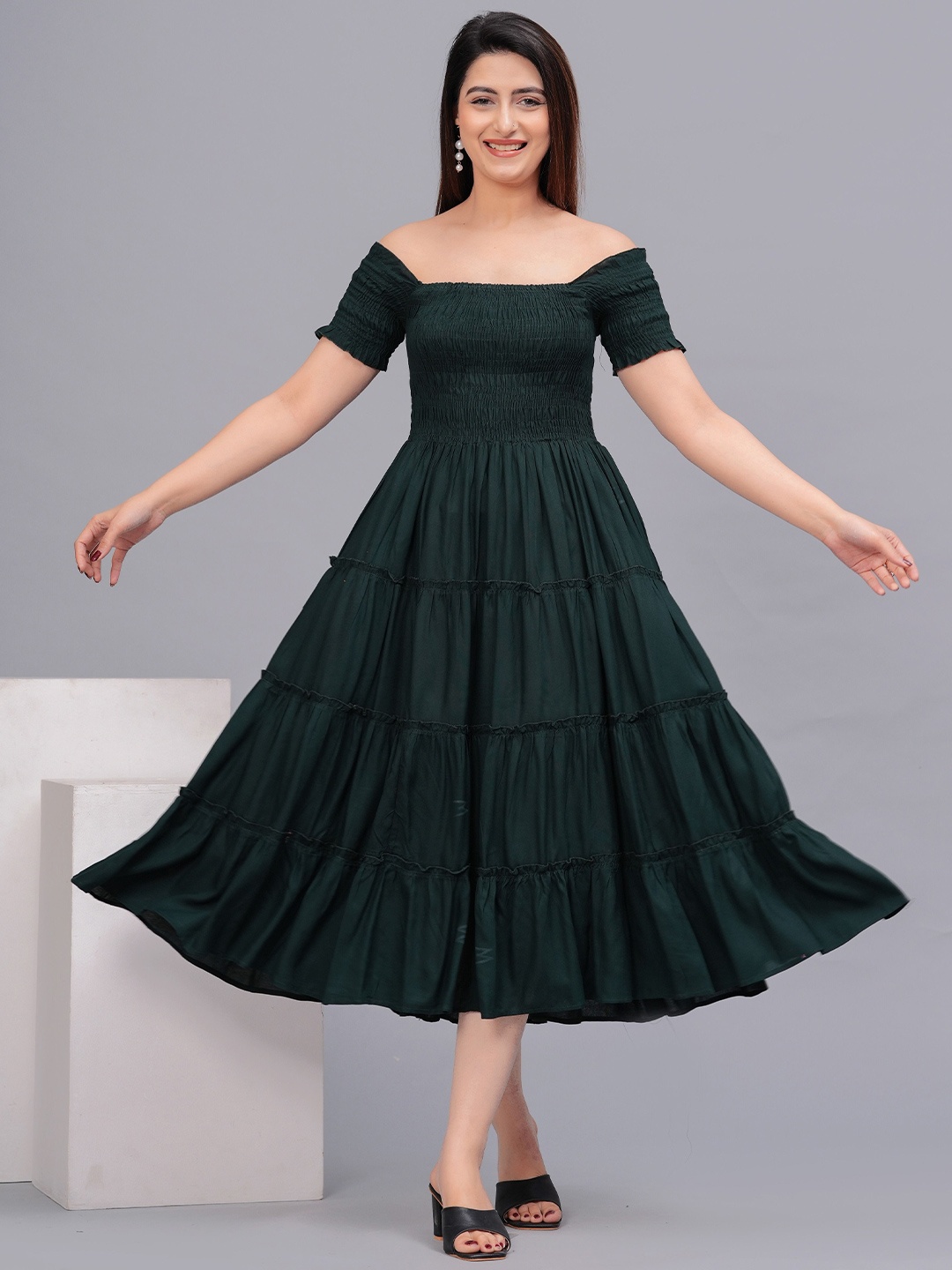

Fmkcreation Women Off - Shoulder Fit & Flare Maxi Dress, Green