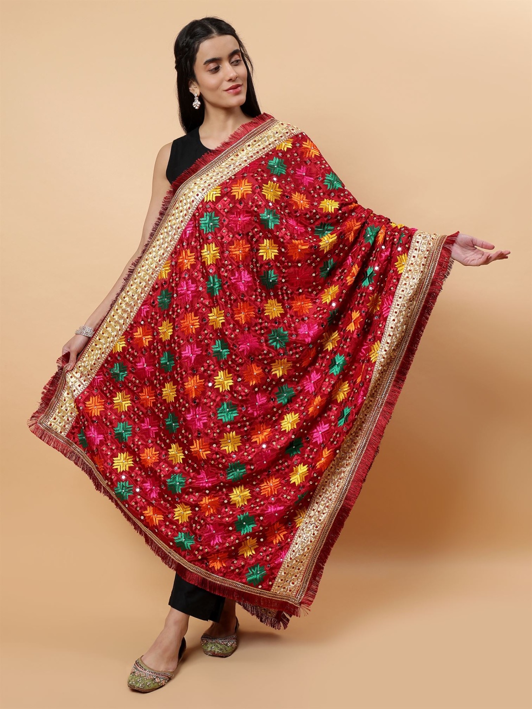 

Moda Chales Ethnic Motifs Embroidered Mirror Work Phulkari Dupatta, Maroon