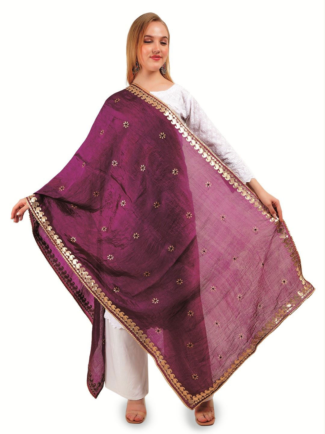 

Way2Like Floral Embroidered Gotta Patti Silk Wrap Shawl Scarf Hijab Dupatta, Purple