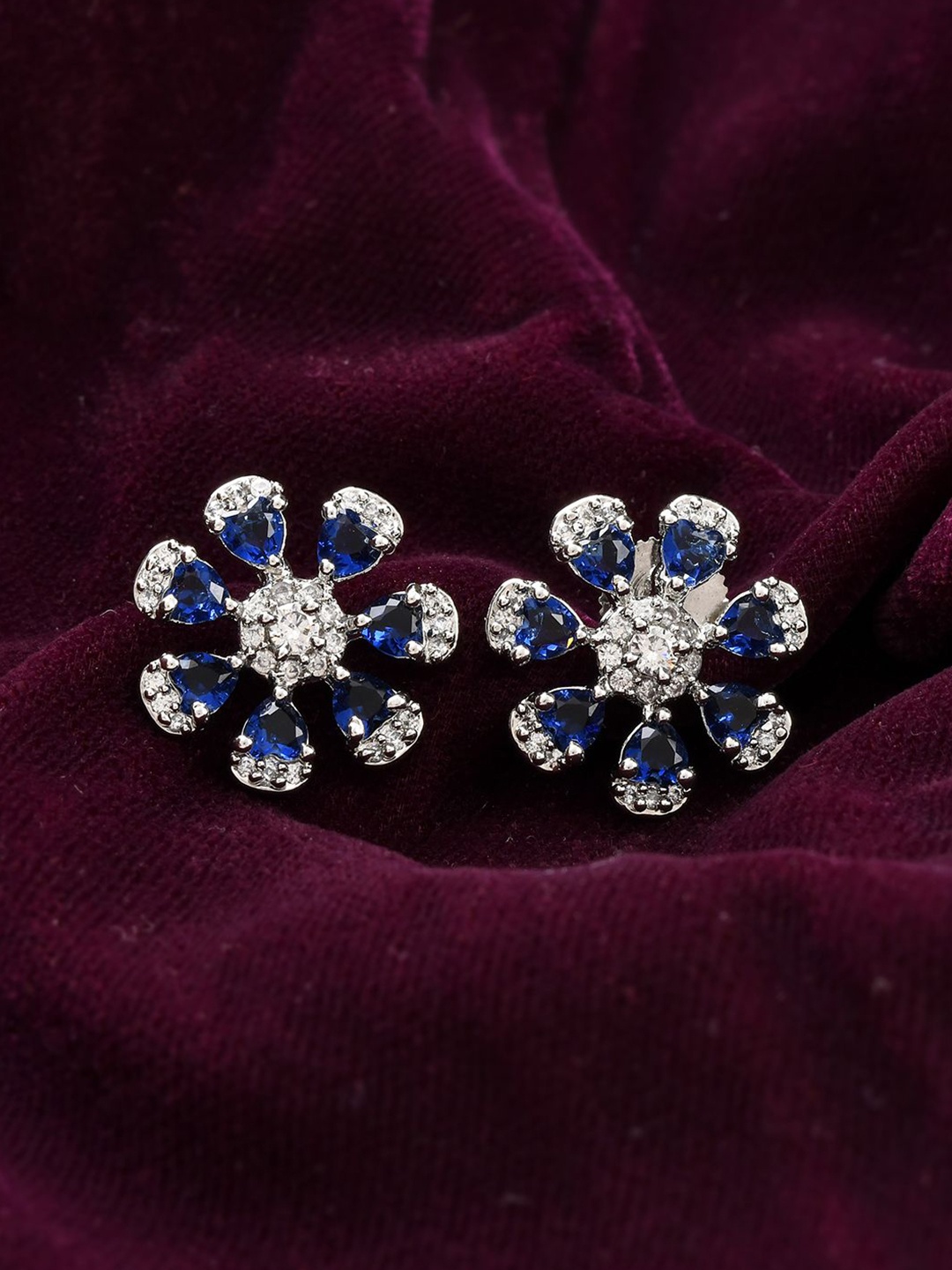 

Voylla Royal Romance Rhodium-Plated Floral Shaped American Diamond Brass Studs, Silver