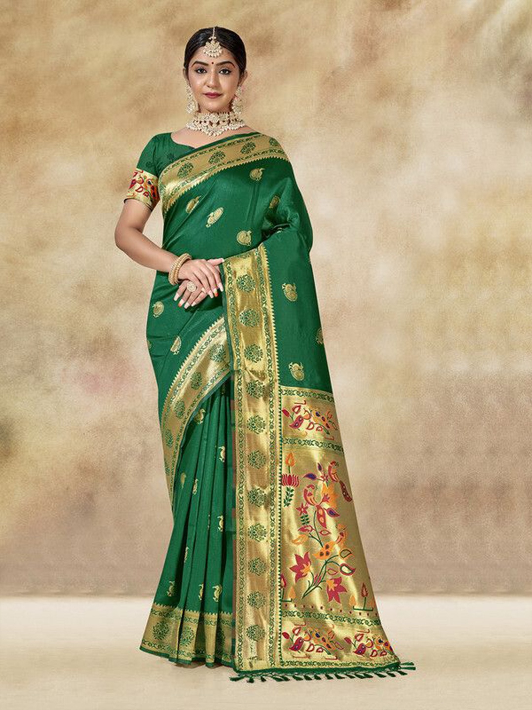 

sagarika Woven Design Zari Paithani Saree, Green