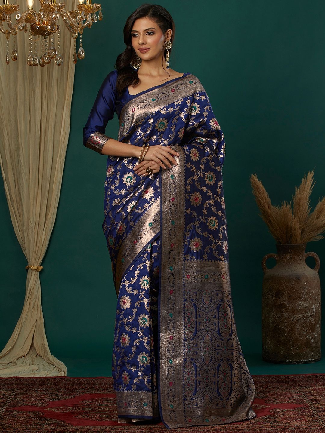 

Satrani Woven Design Zardozi Banarasi Saree, Navy blue