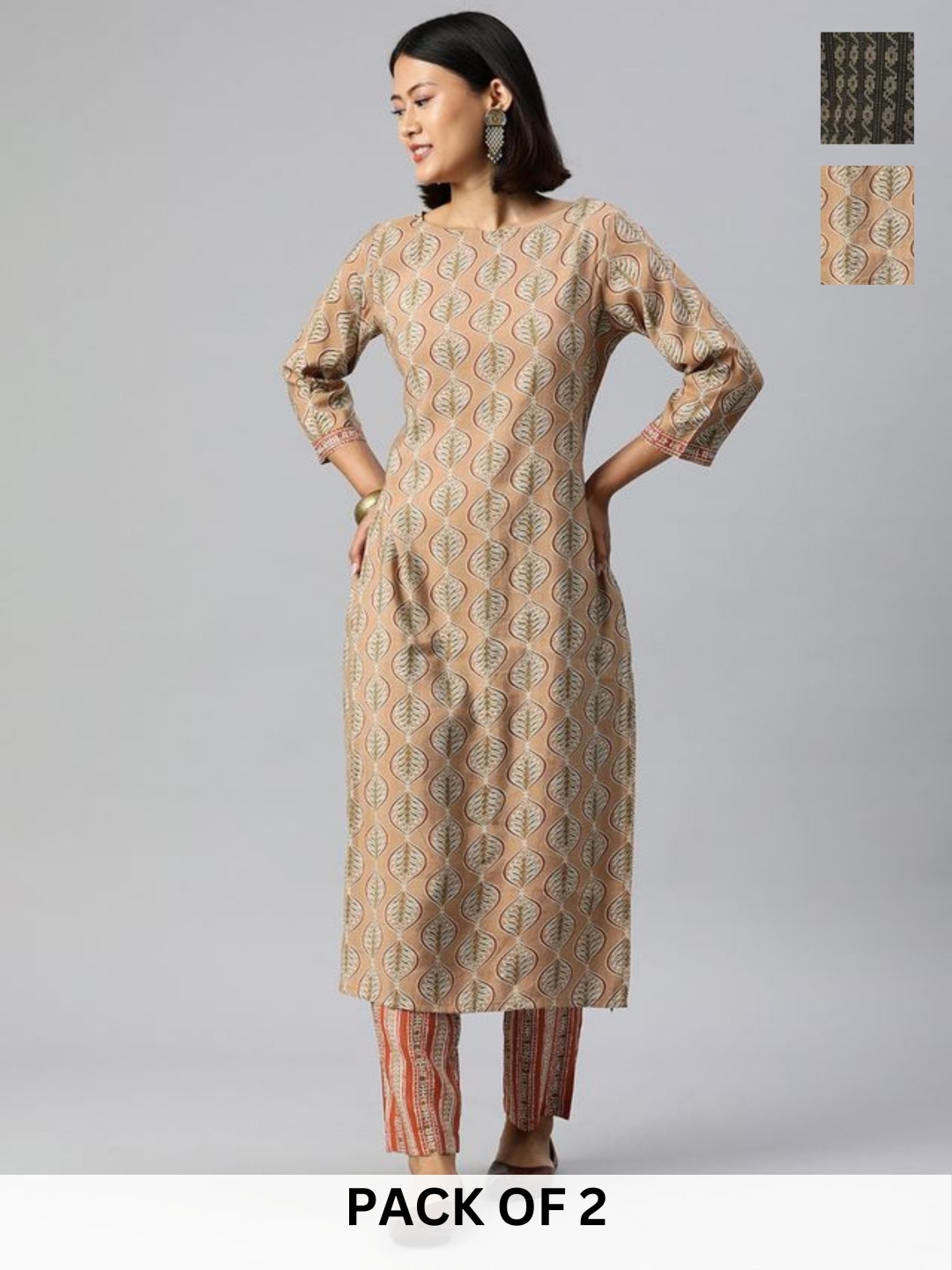 

KALINI Ethnic Motifs Printed Round Neck Kurta With Trouser, Peach