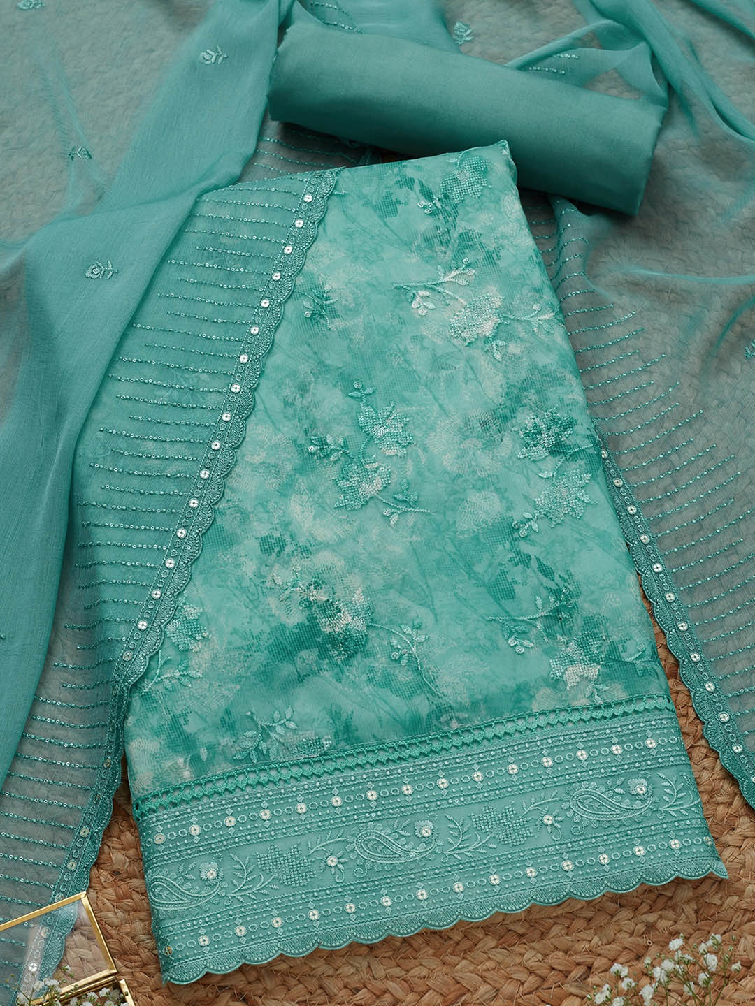 

Soch Floral Printed Embroidered Organza Unstitched Dress Material, Turquoise blue