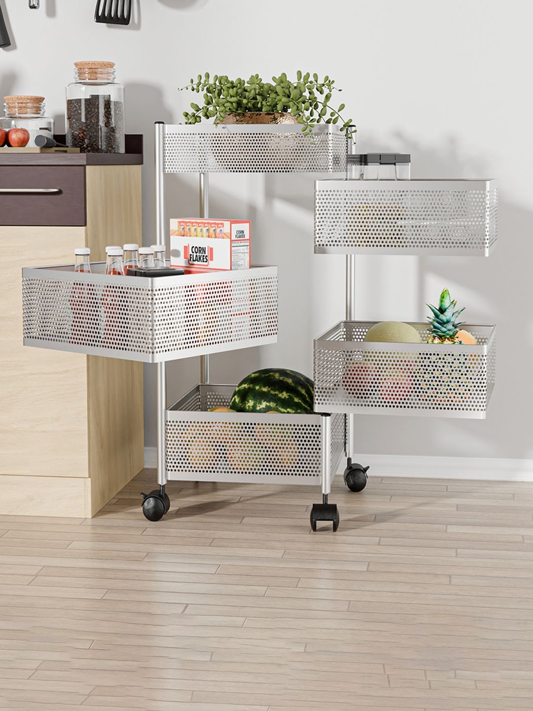 

Kuber Industries 4+1 Layer Kitchen Storage Rack with Wheels Unisex Silver Kitchen Trolley
