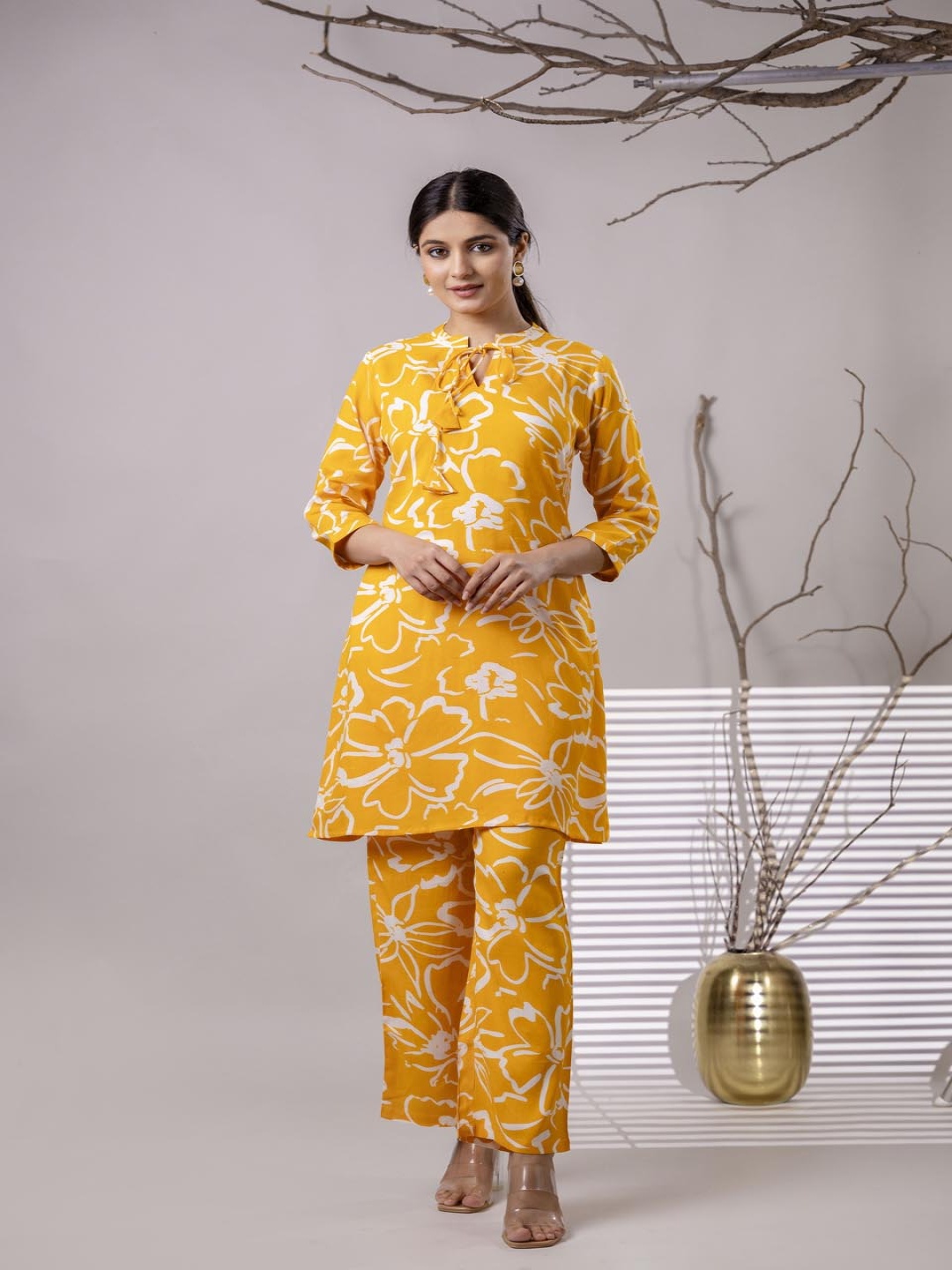 

Anouk Printed Pure Cotton Three Quarter Sleeve Tunic & Trouser Co-Ords, Yellow