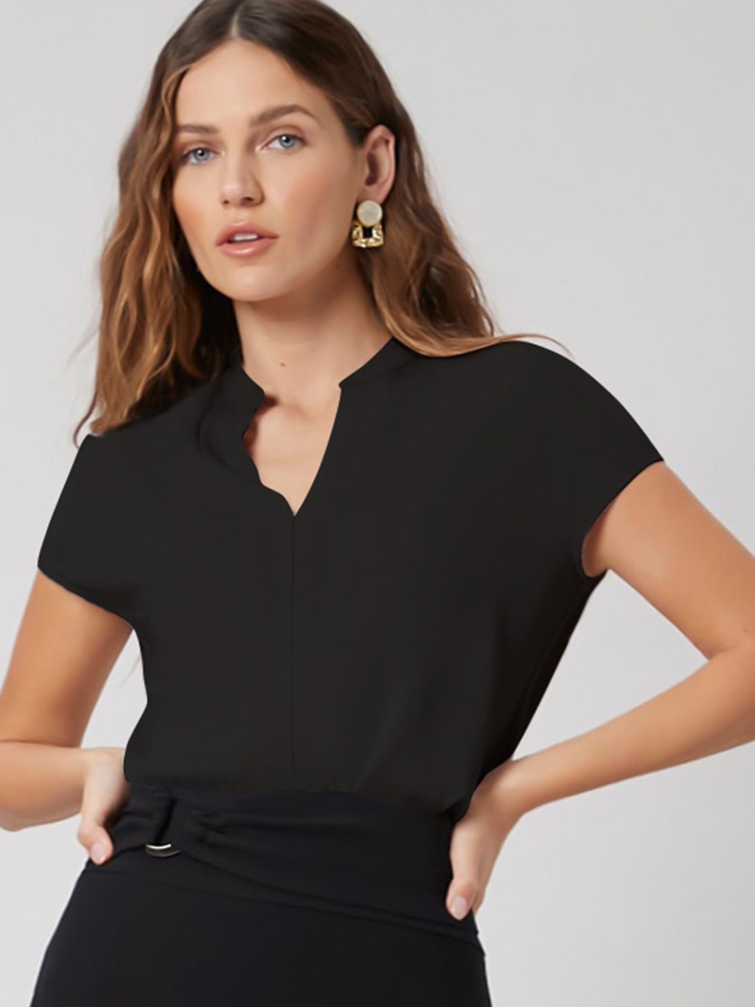 

BAESD Women Mandarin Collar Shirt Style Top, Black
