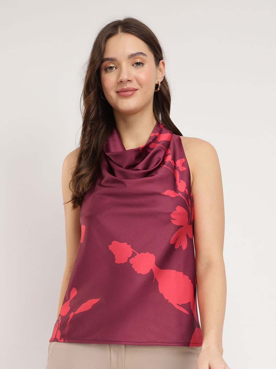 

FableStreet Floral Print Cowl Neck Satin Top, Burgundy