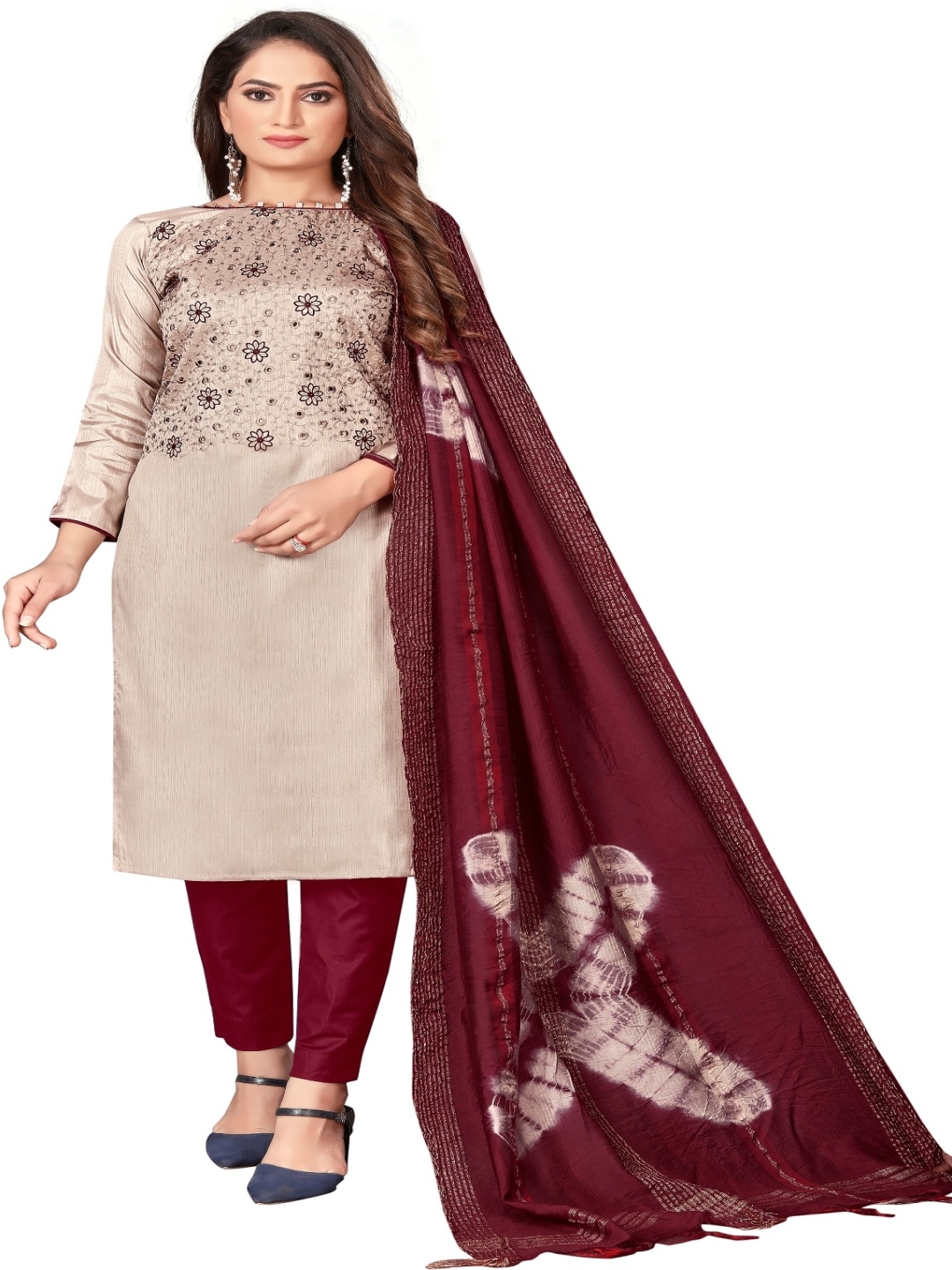 

Aika Floral Embroidered Mirror Work Unstitched Dress Material, Cream