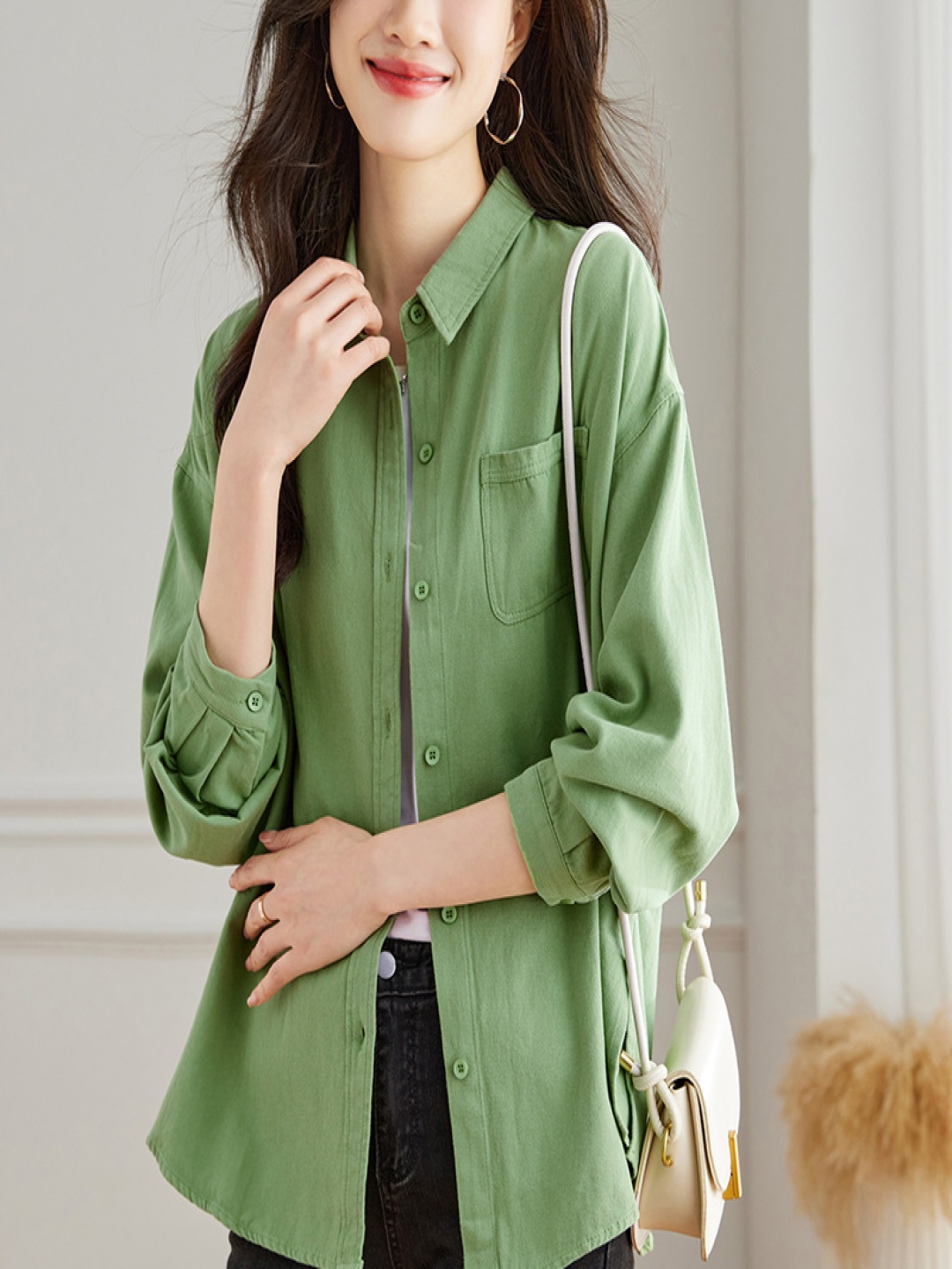 

StyleCast Women Relaxed Fit Spread Collar Solid Cotton Casual Shirt, Green