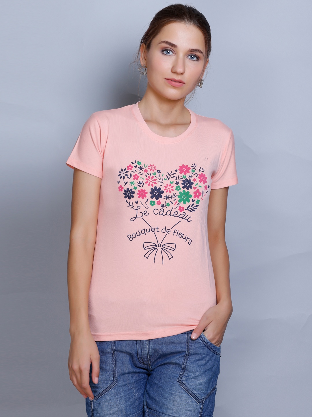 

Wool's Kart Women Floral Printed Cotton T-shirt, Pink