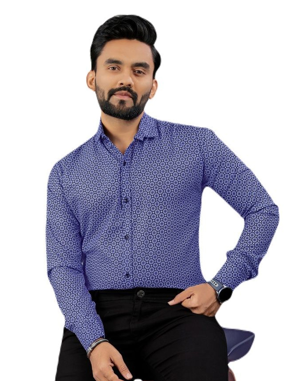 

KHUSHI CREATION Men Original Fit Spread Collar Floral Printed Cotton Casual Shirt, Navy blue