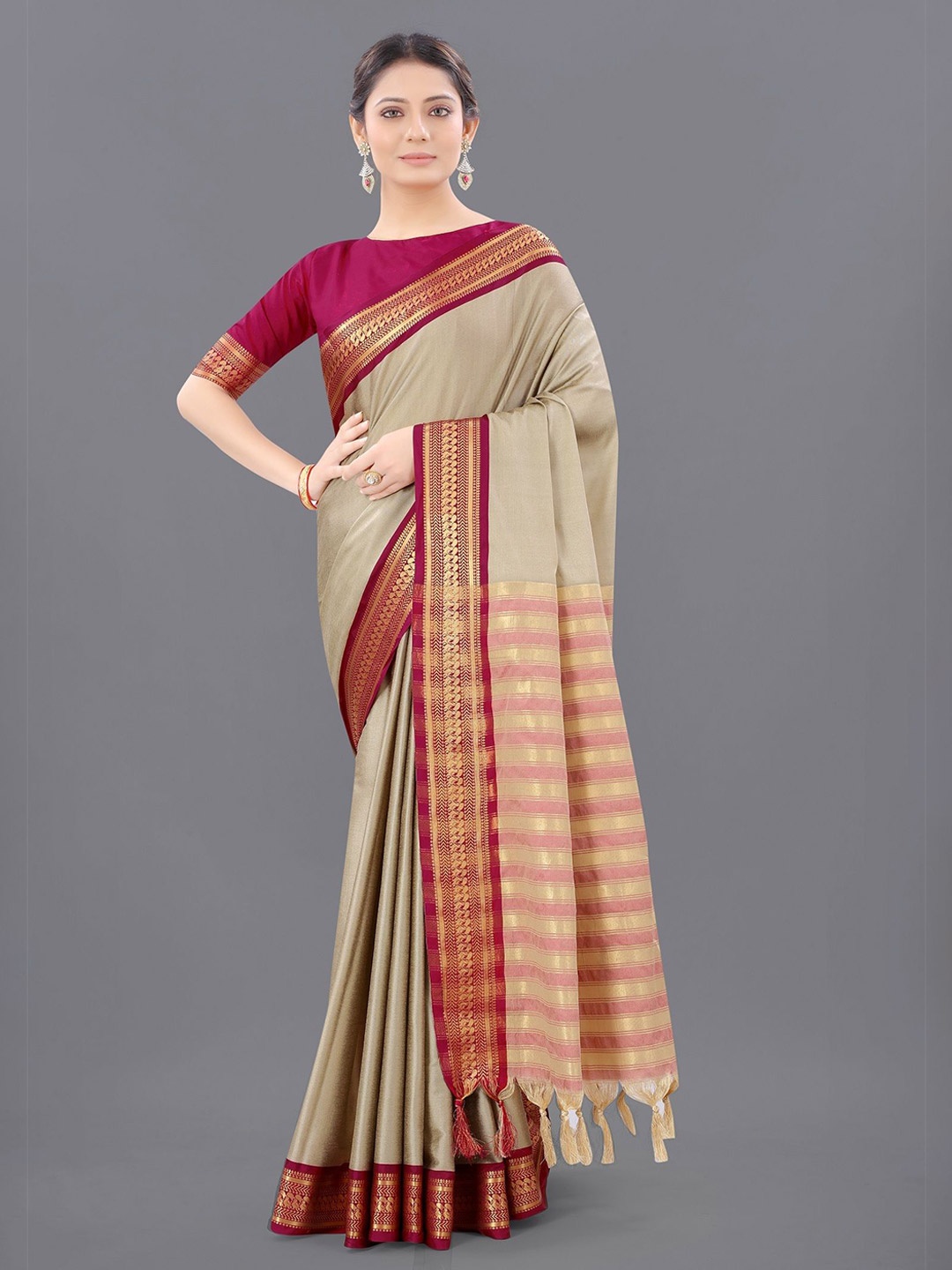 

Aika Woven Design Zari Kanjeevaram Saree, Cream