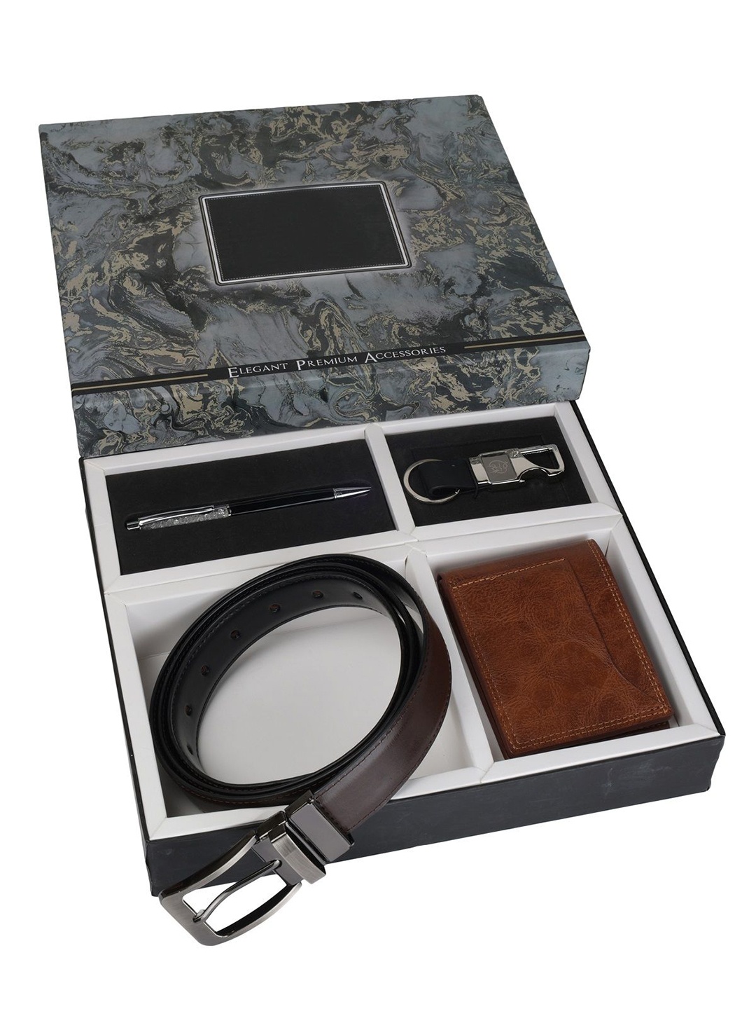 

SAZARA Men Accessory Gift Set of Reversiable Belt Wallet Keychain and Pen, Brown