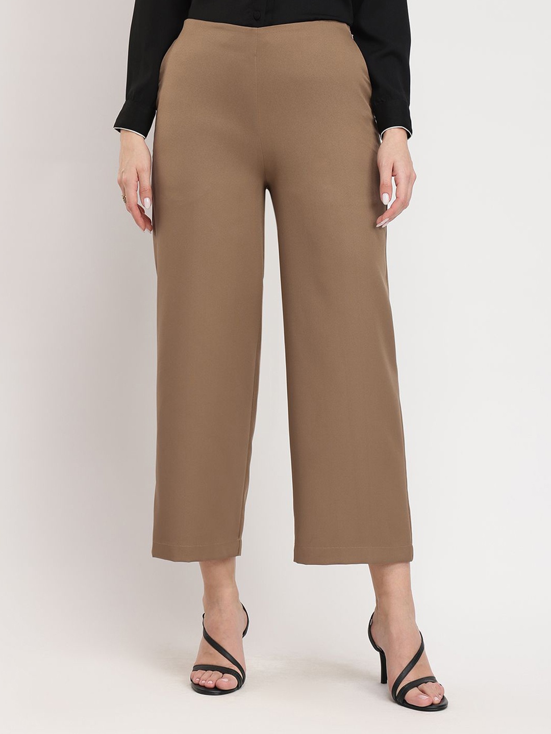 

FableStreet Women Wide Leg Cropped Trousers - Beige