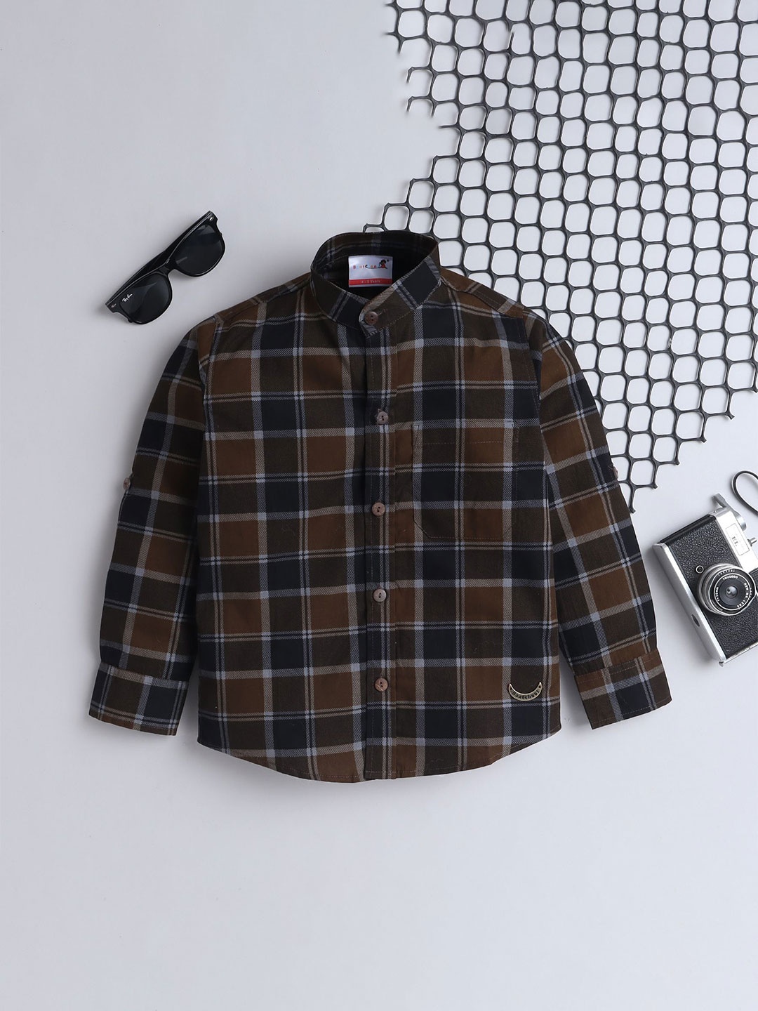 

BAATCHEET Boys Windowpane Checks Opaque Checked Party Shirt, Brown