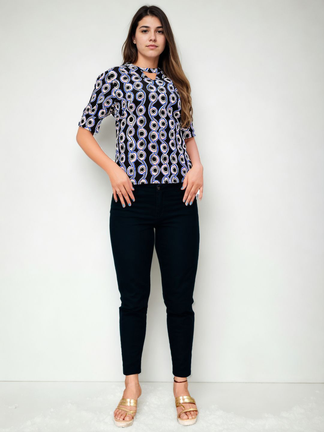 

Bucciato Private Limited Women Printed Keyhole Neck Top, Blue