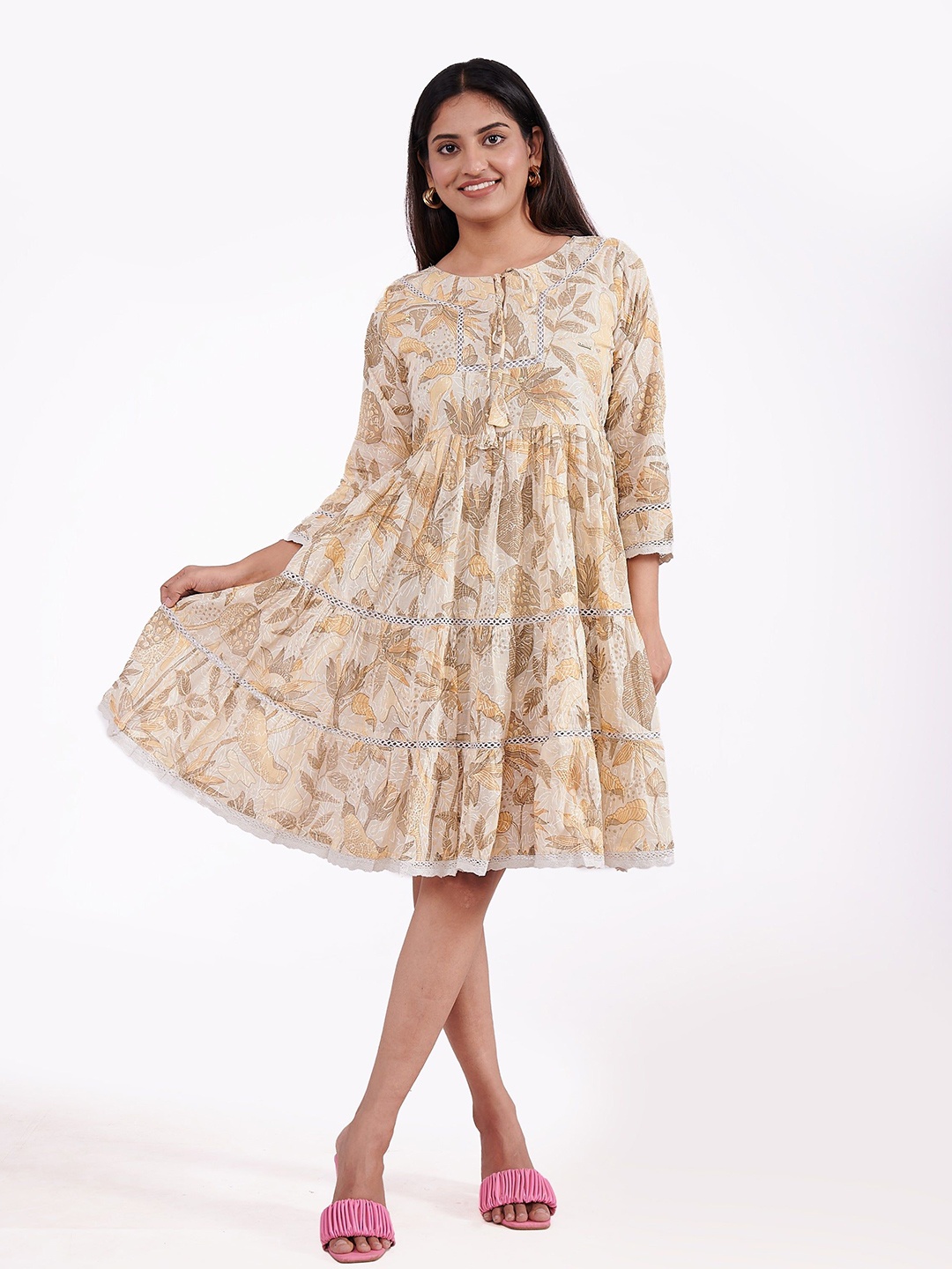

FREYAA Floral Printed A-Line Dress, Cream
