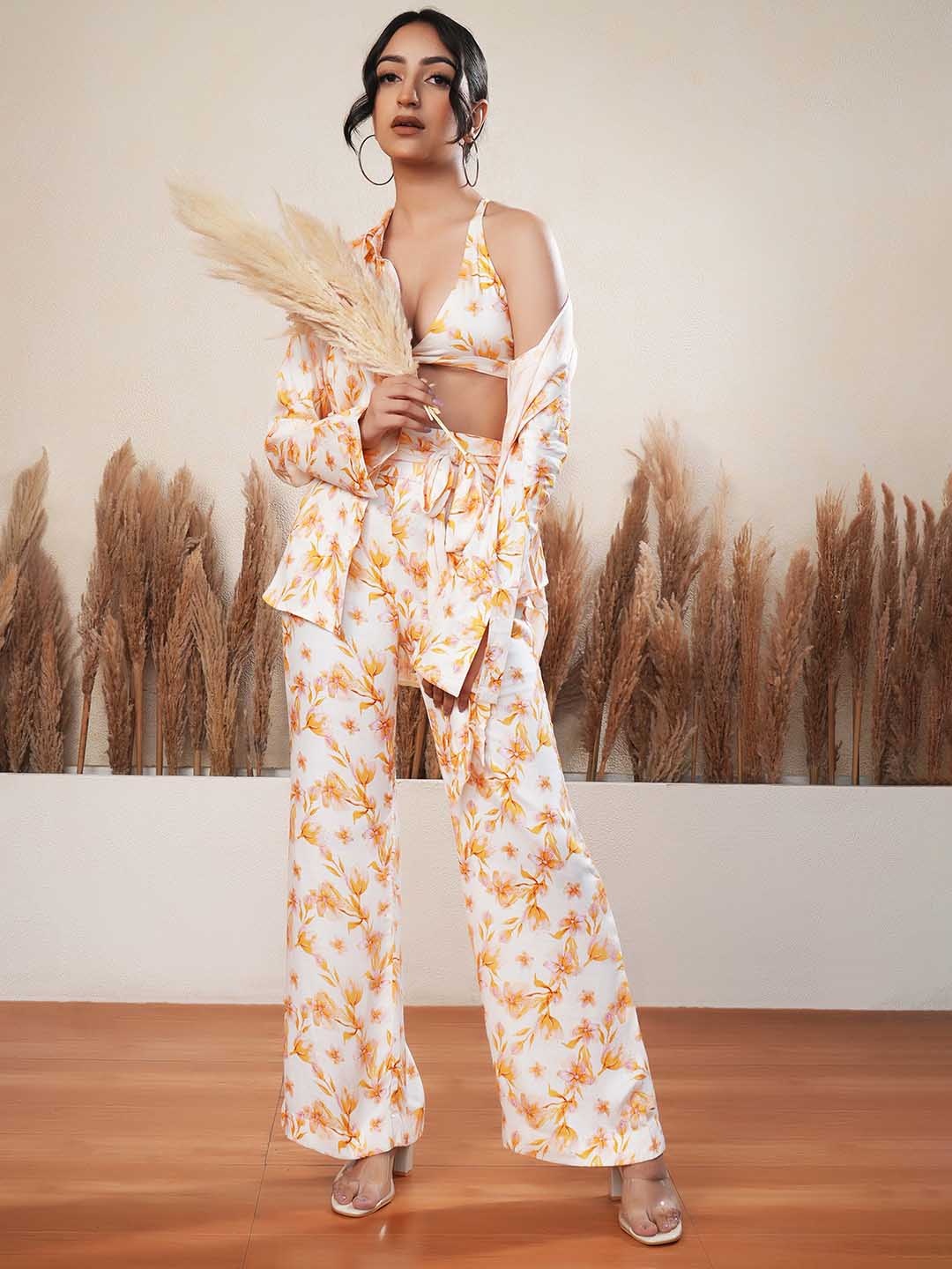 

Salvia Sky Floral Printed Shirt , Bralette & Trousers Co-Ords, Off white