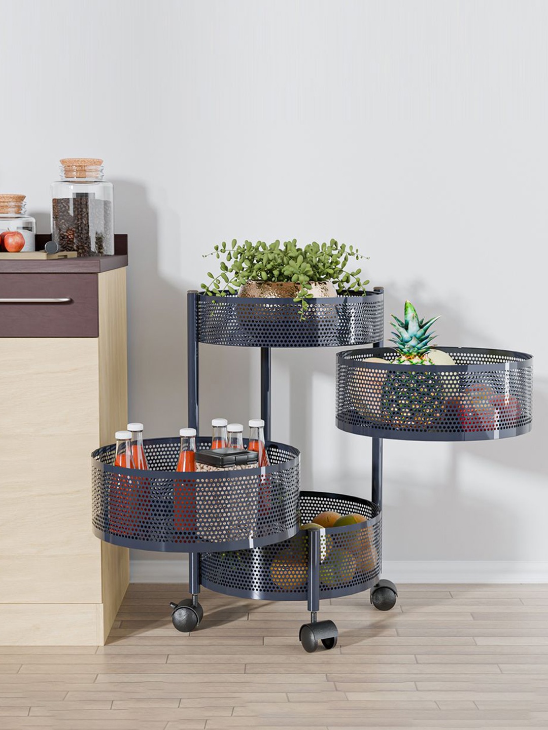 

Kuber Industries 3+1 Layer Kitchen Metal Storage Rack with Wheels Grey Kitchen Trolley