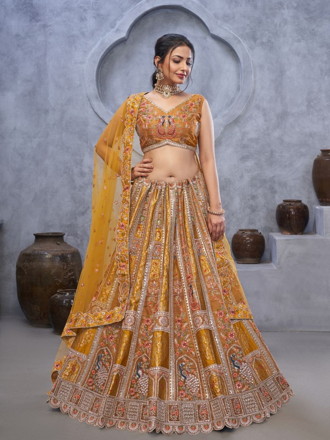 

ODETTE Embellished Sequinned Semi-Stitched Lehenga & Unstitched Blouse With Dupatta, Mustard