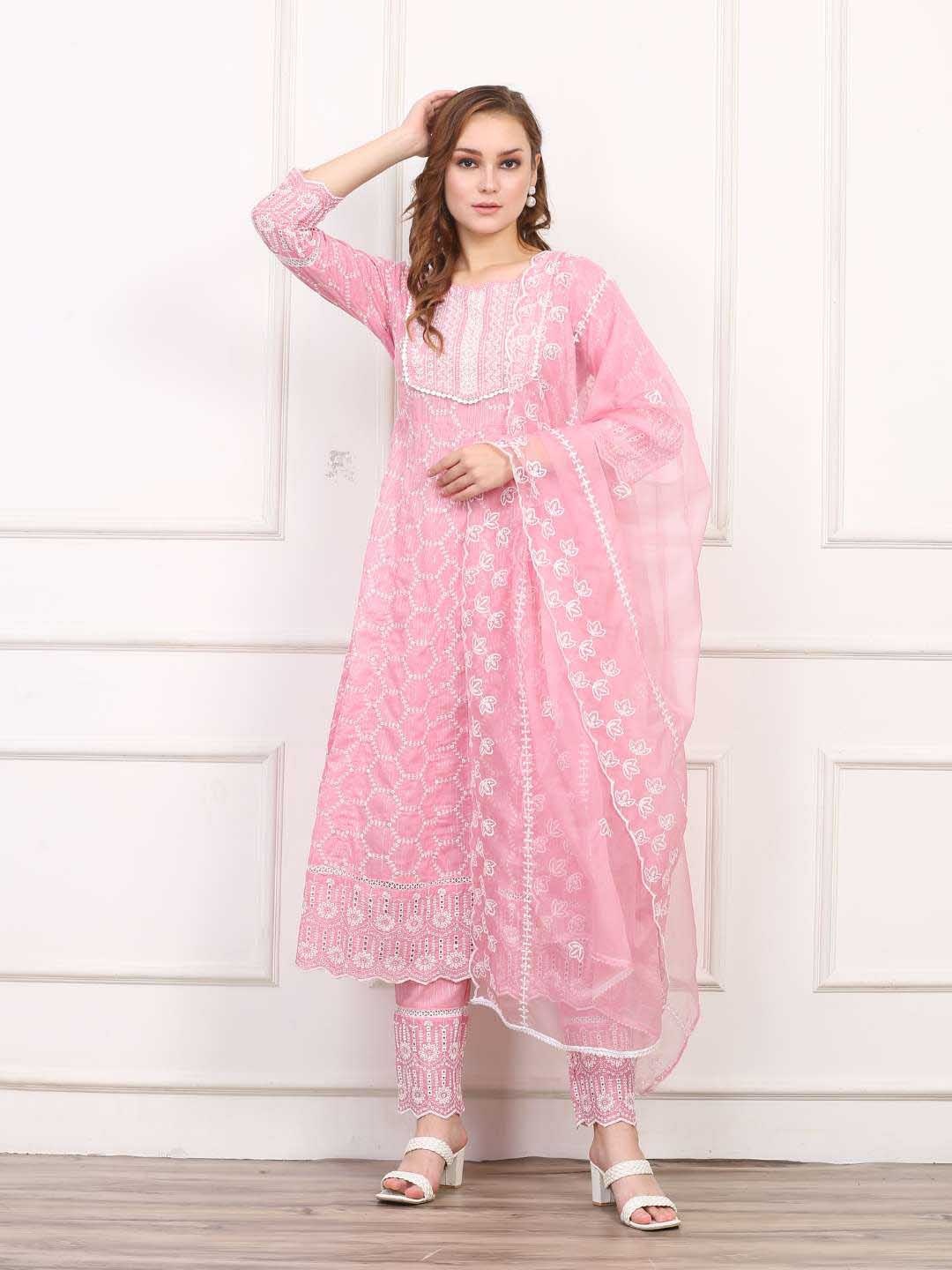 

AAVARANA BY KARNIKA Geometric Embroidered Cotton Anarkali Kurta With Pyjamas & Dupatta, Pink