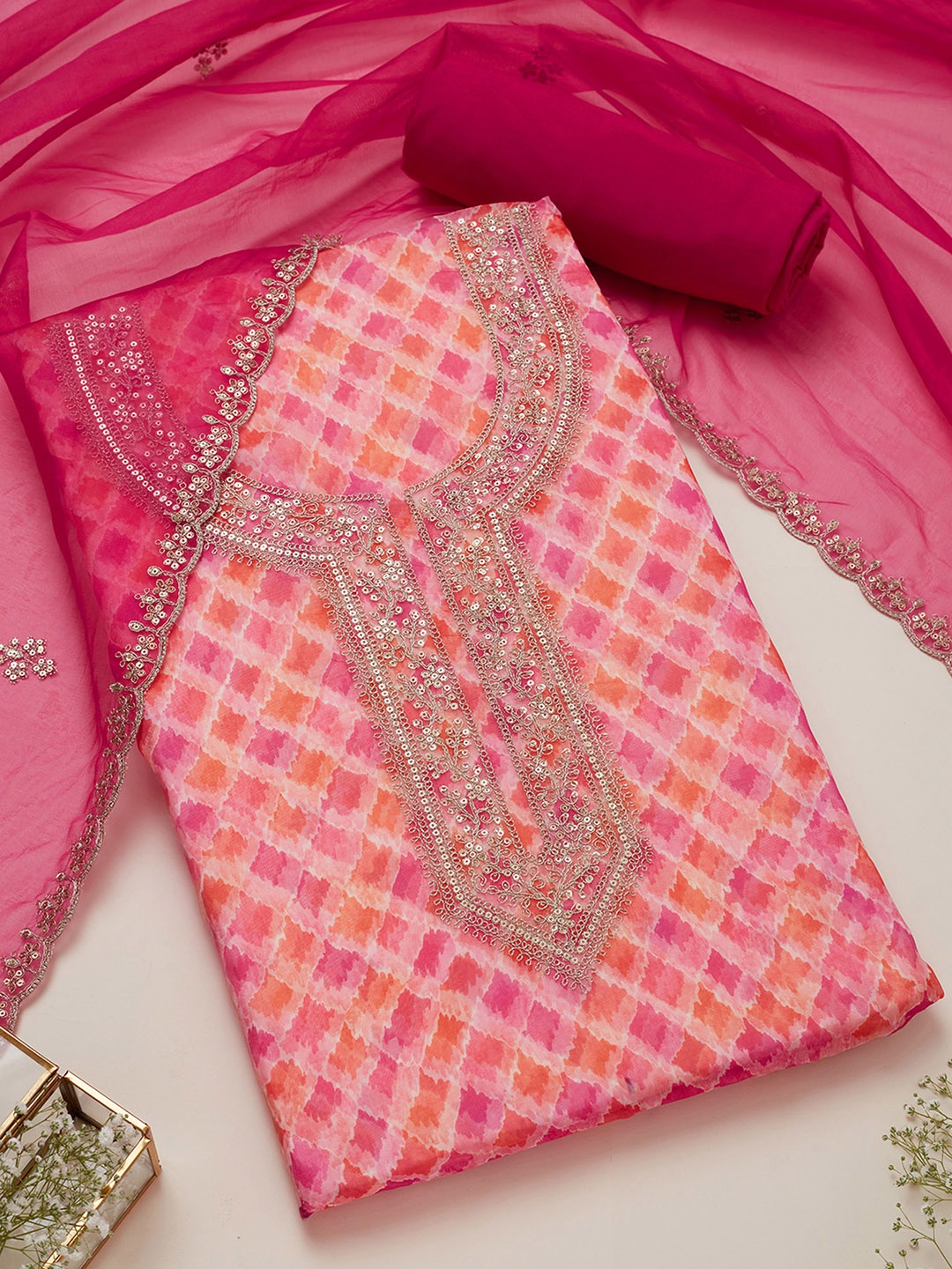 

Soch Geometric Printed Embroidered Printed Organza Unstitched Dress Material, Fuchsia