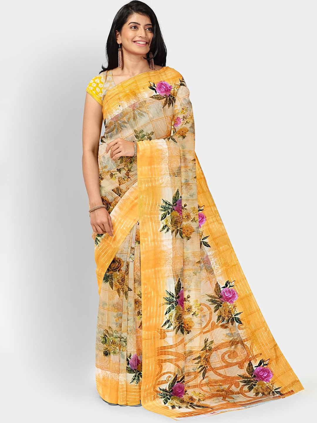 

Classy Foriever Floral Printed Saree, Orange