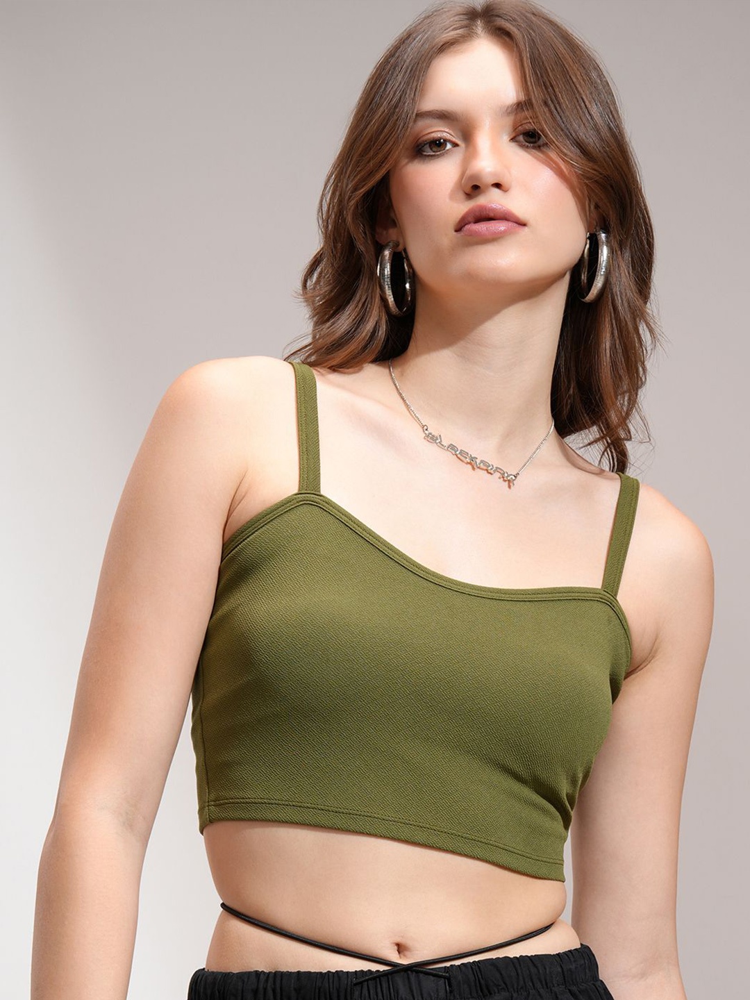 

Tokyo Talkies Women Solid Shoulder Strap Crop Top, Olive