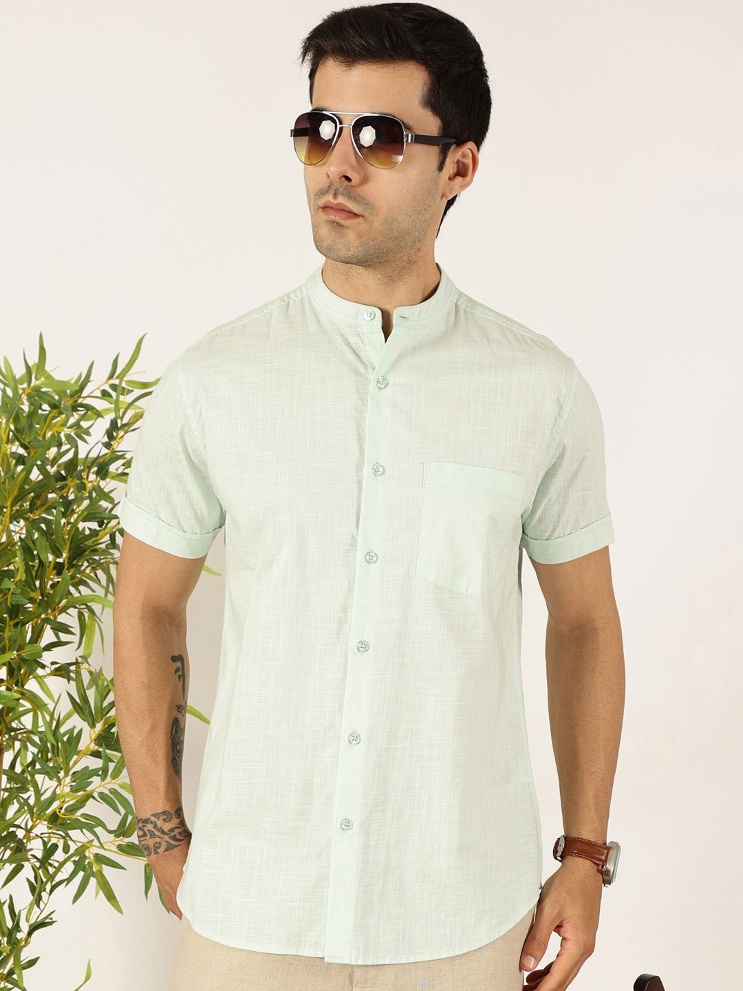 

Mast & Harbour Men Premium Fit Band Collar Solid Cotton Casual Shirt, Sea green