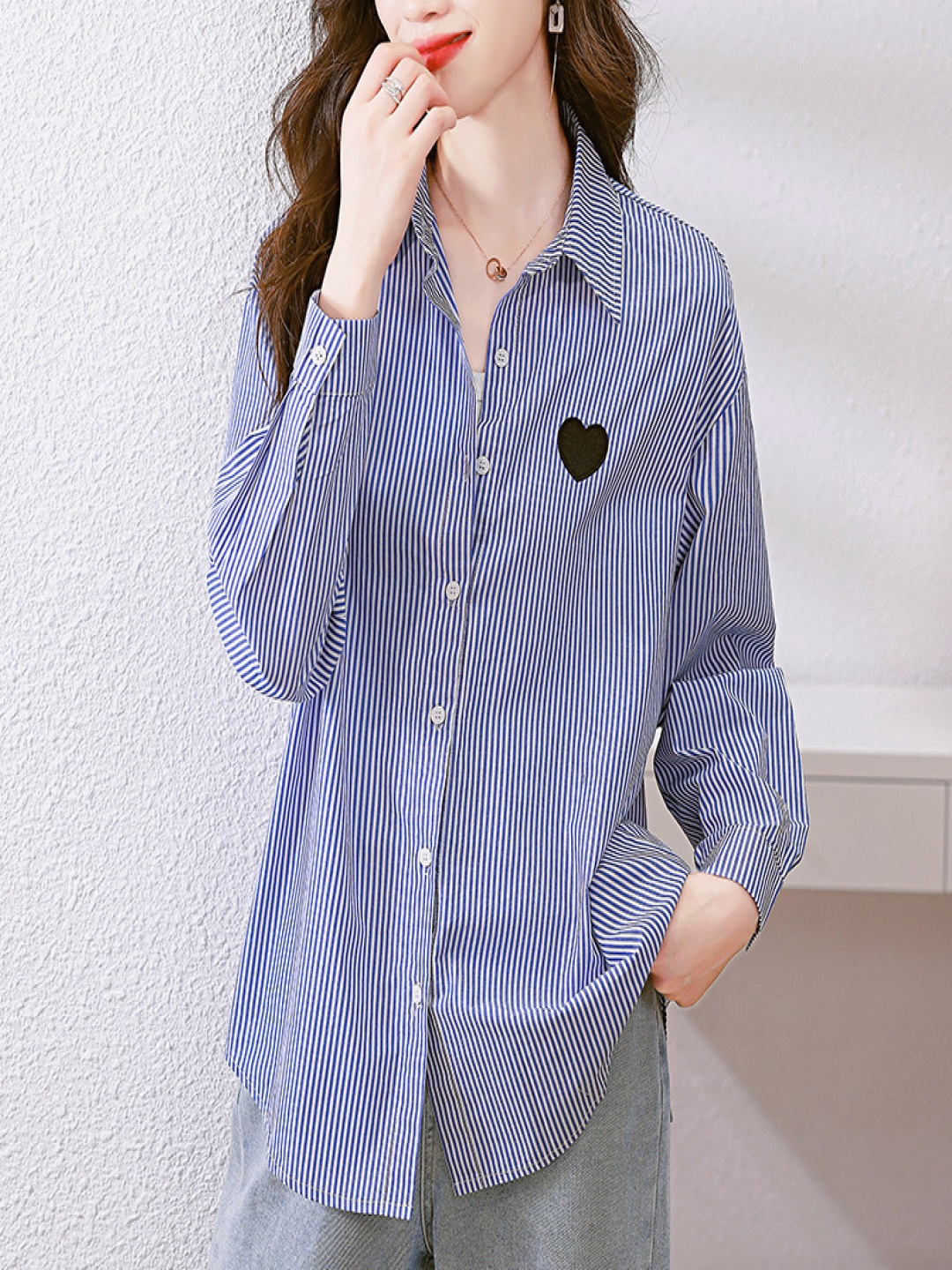 

StyleCast Women Spread Collar Vertical Striped Cotton Casual Shirt, Blue