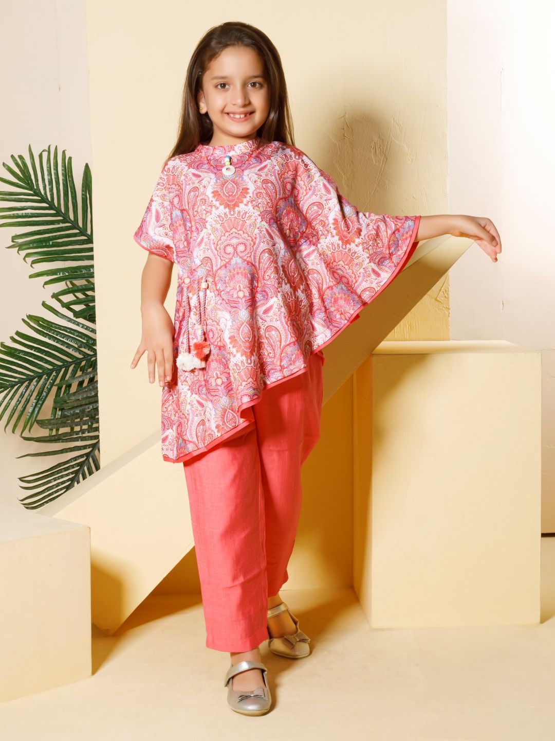 

Peppermint Amazing Autumn Girls Printed Linen Asymmetric Top With Trousers, Peach