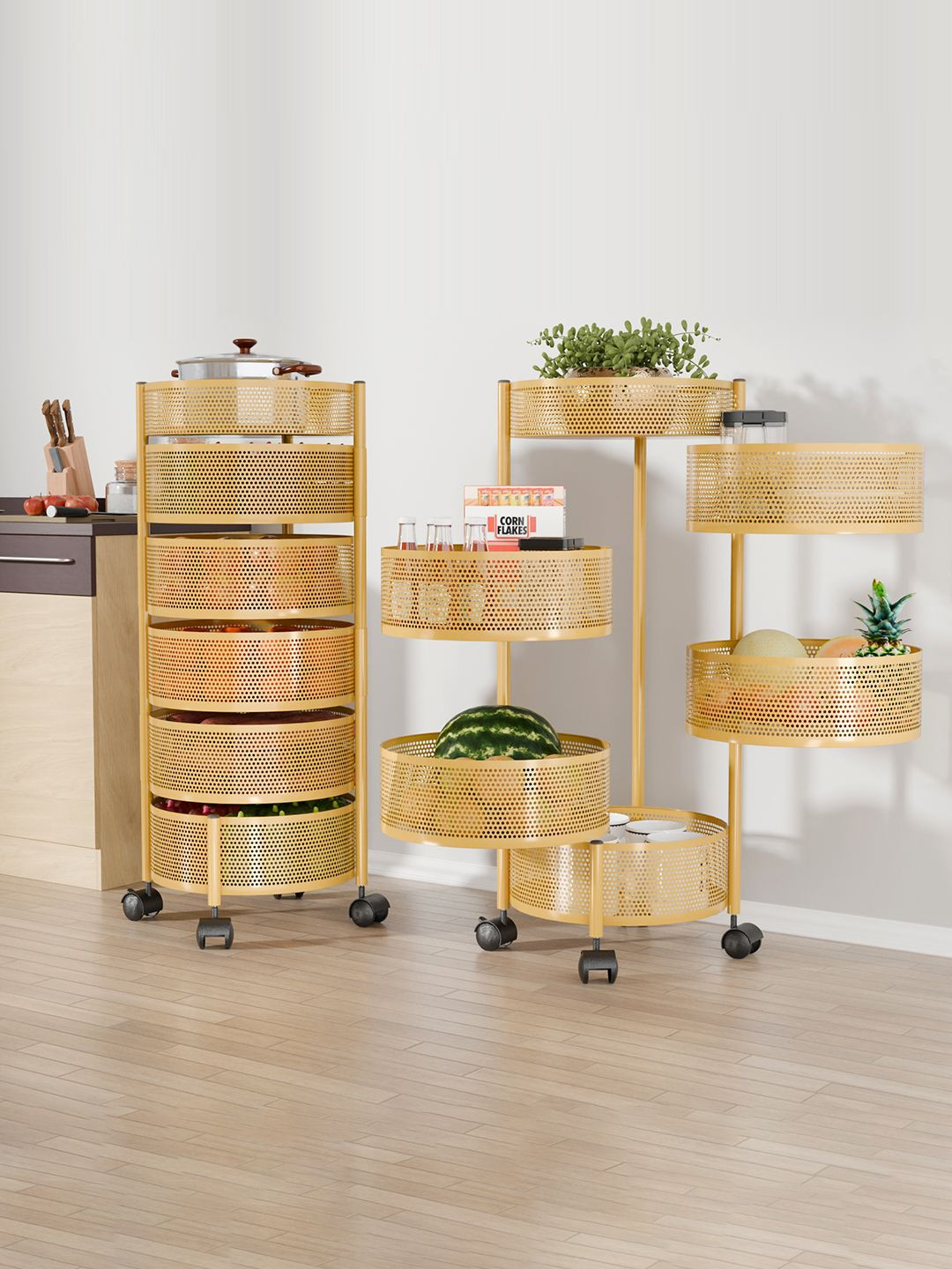 

Kuber Industries Pack of 2 Kitchen 5+1 Layer Metal Storage Kitchen Trolley Gold