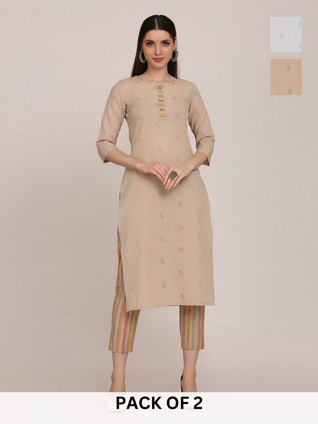 

KALINI Selection Of 2 Geometric Printed Round Neck Straight Kurta With Trouser, Beige
