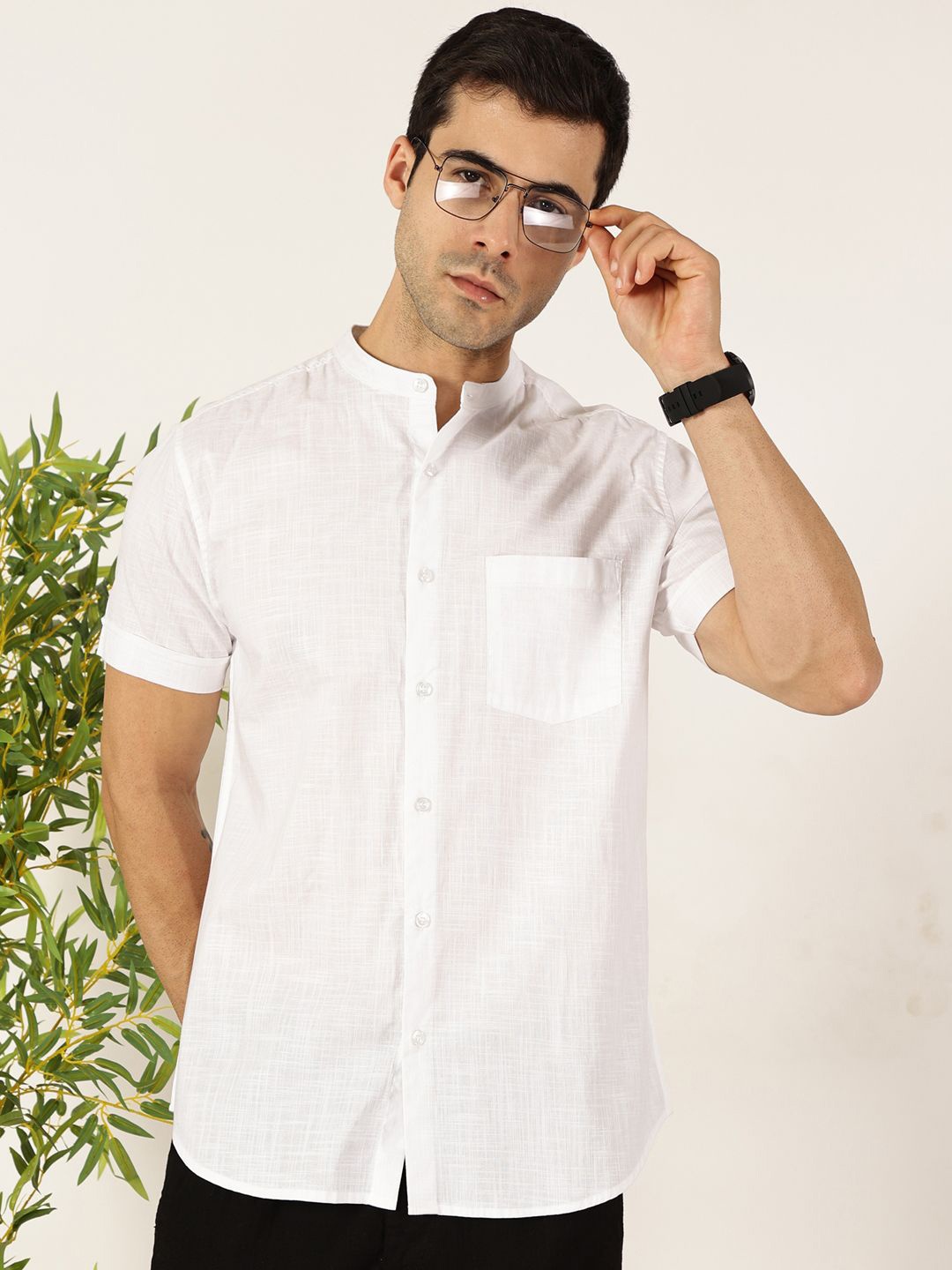 

Mast & Harbour Men Premium Fit Band Collar Solid Cotton Casual Shirt, White