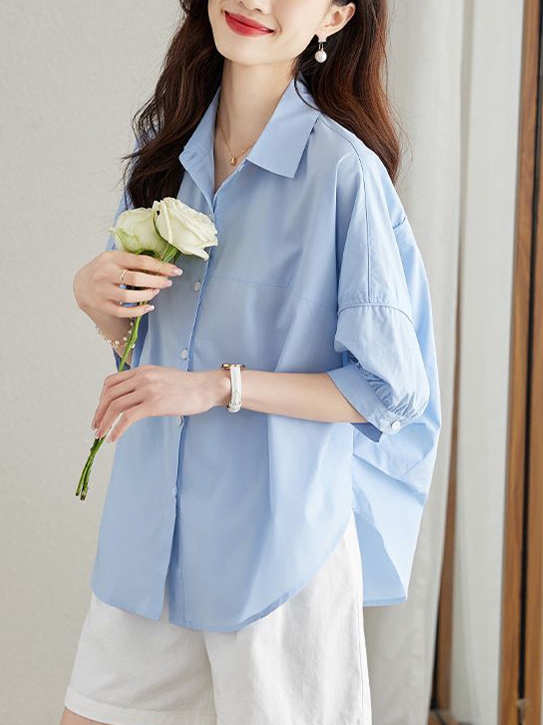 

StyleCast Women Relaxed Fit Spread Collar Solid Cotton Casual Shirt, Blue