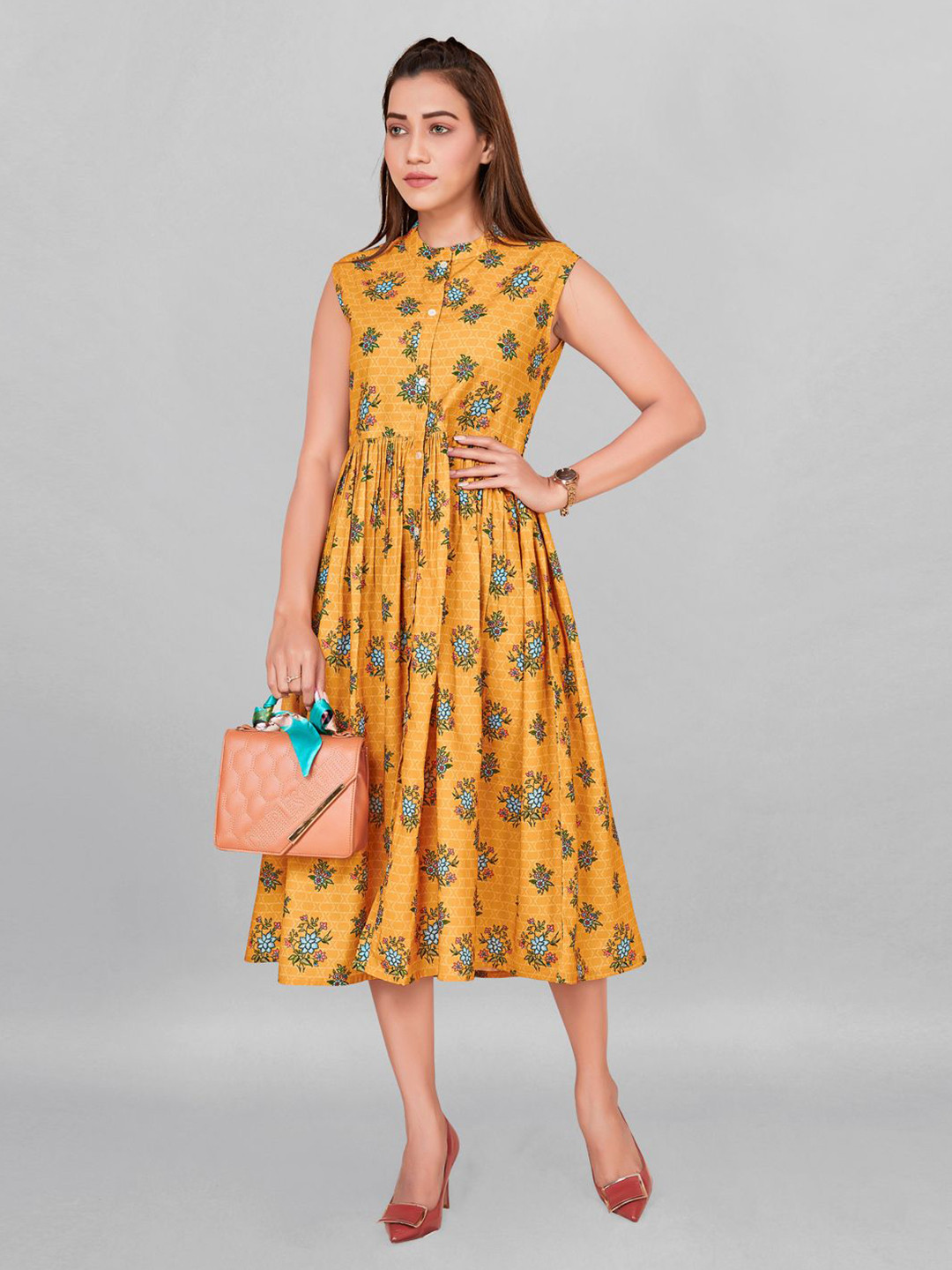 

BAESD Women Floral Printed Fit & Flare Midi Dress, Yellow