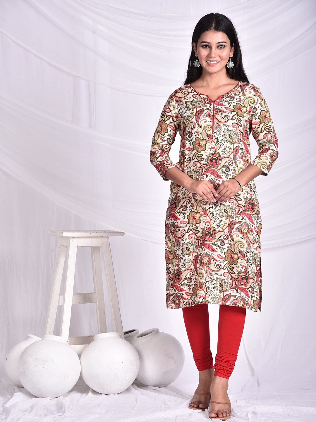 

Rashmi Shree Creation Paisley Printed Notch Neck Straight Kurta, Beige